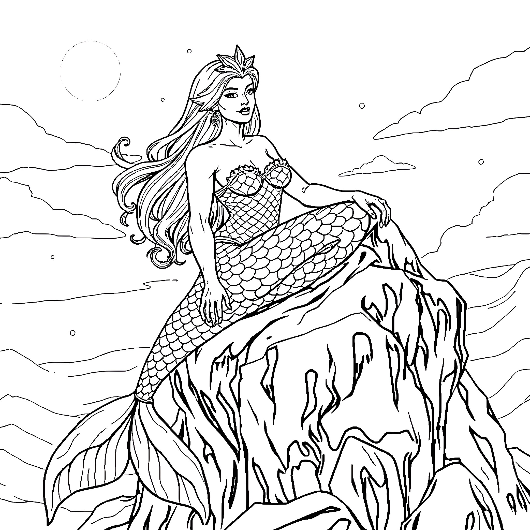 Mermaid sitting on a rocky cliff by the sea Coloring Page (free black-and-white line drawing printable PDF for all, from beginners to advanced learners, including children, teens, adults, and seniors)
