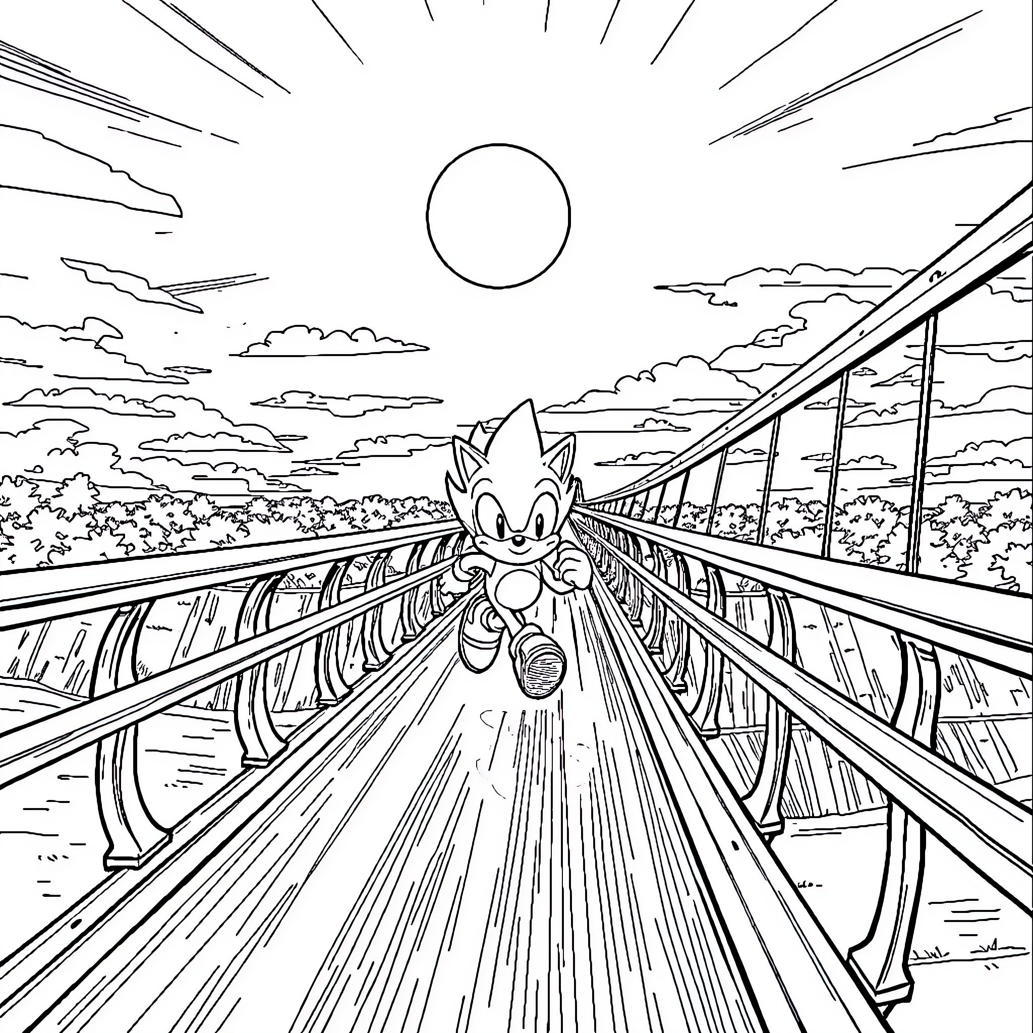 Sonic racing on a futuristic bridge Coloring Page (free black-and-white line drawing printable PDF for all, from beginners to advanced learners, including children, teens, adults, and seniors)