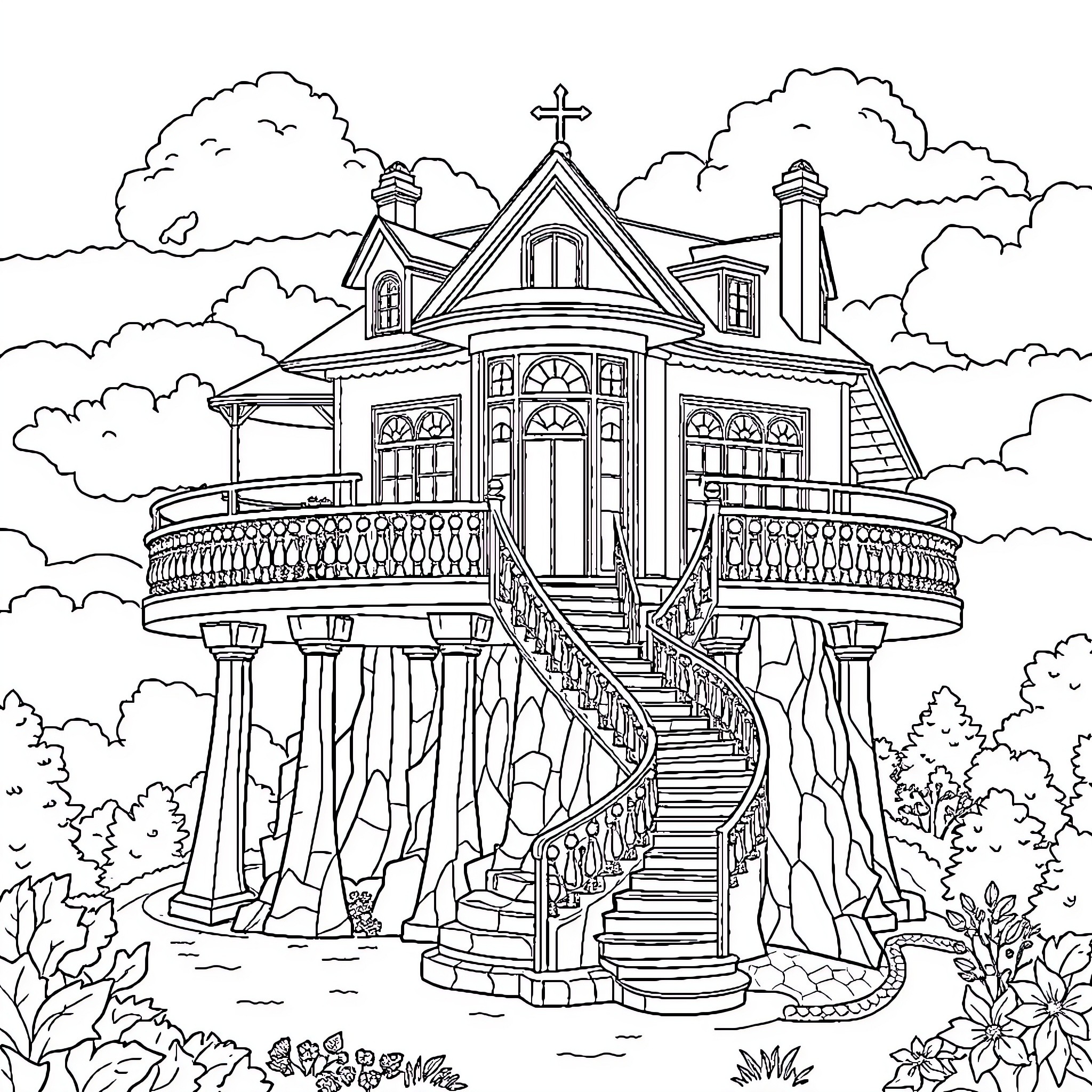 Unicorn Mansion on Clifftop Overlooking Scenic Landscape Coloring Page (free black-and-white line drawing printable PDF for all, from beginners to advanced learners, including children, teens, adults, and seniors)