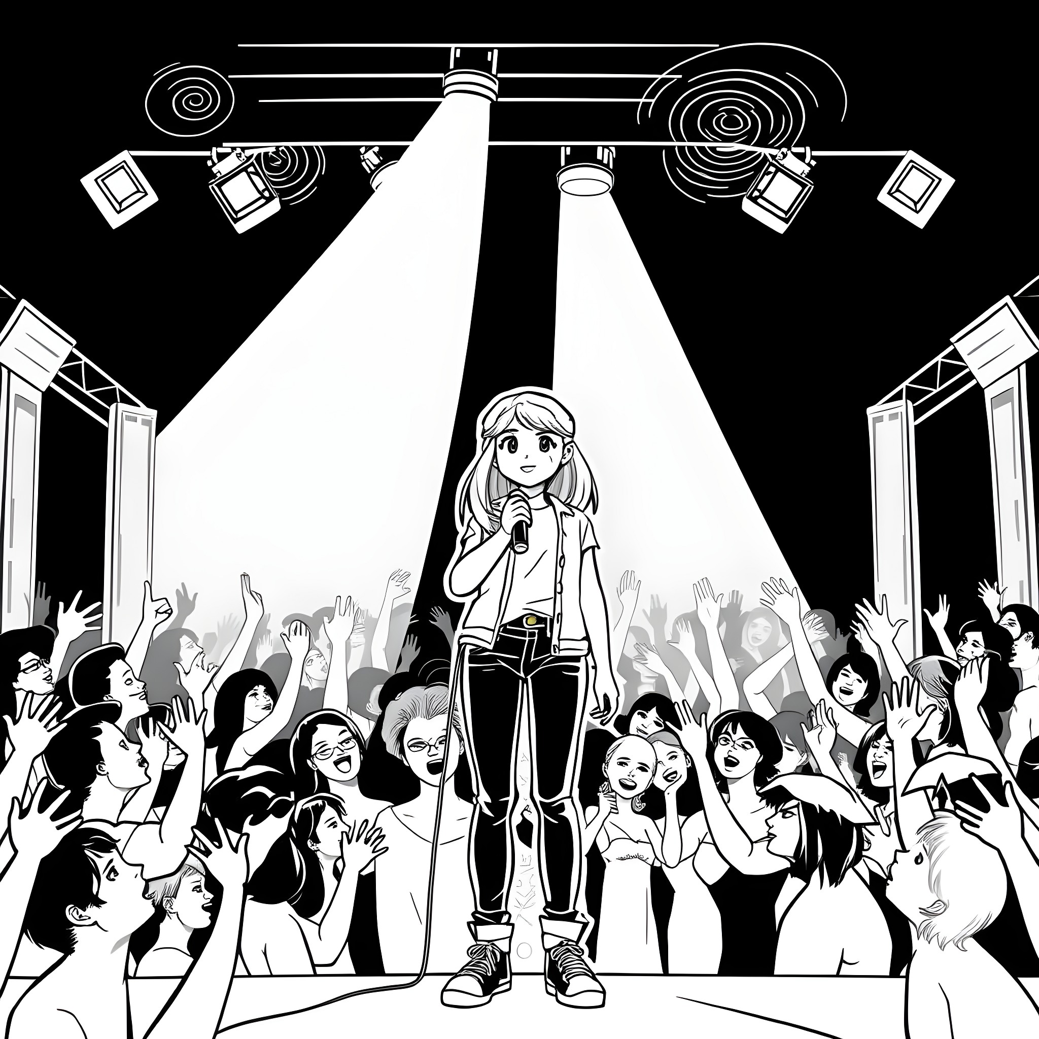 Teen Girl Performing on Stage with Crowd Coloring Page (free black-and-white line drawing printable PDF for all, from beginners to advanced learners, including children, teens, adults, and seniors)