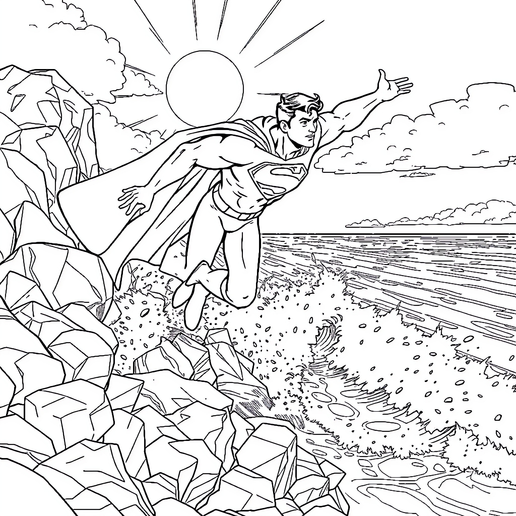 Superman soaring high above the ocean cliffs Coloring Page (free black-and-white line drawing printable PDF for all, from beginners to advanced learners, including children, teens, adults, and seniors)