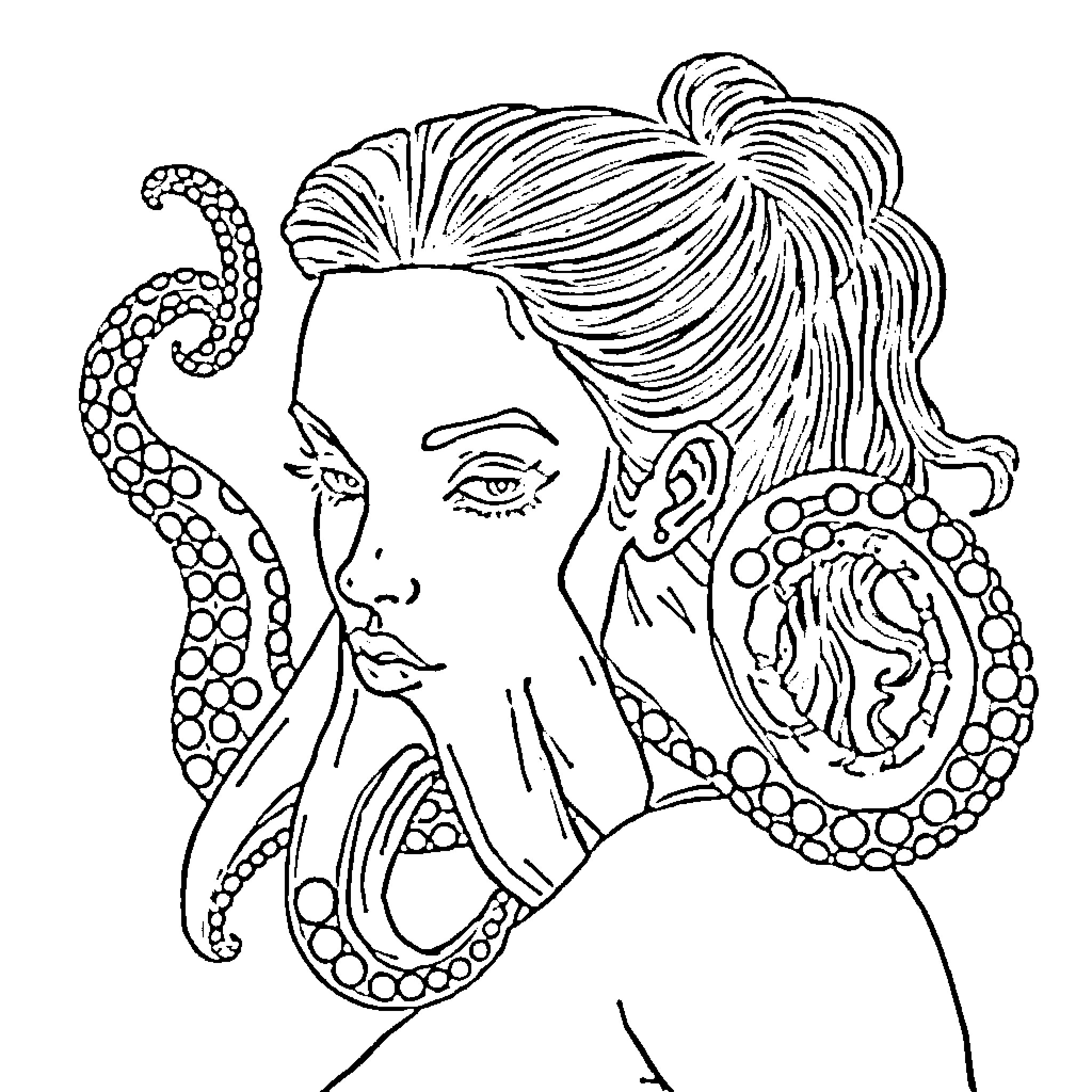 Woman Octopus with Intricate Hairstyle Coloring Page (free black-and-white line drawing printable PDF for all, from beginners to advanced learners, including children, teens, adults, and seniors)