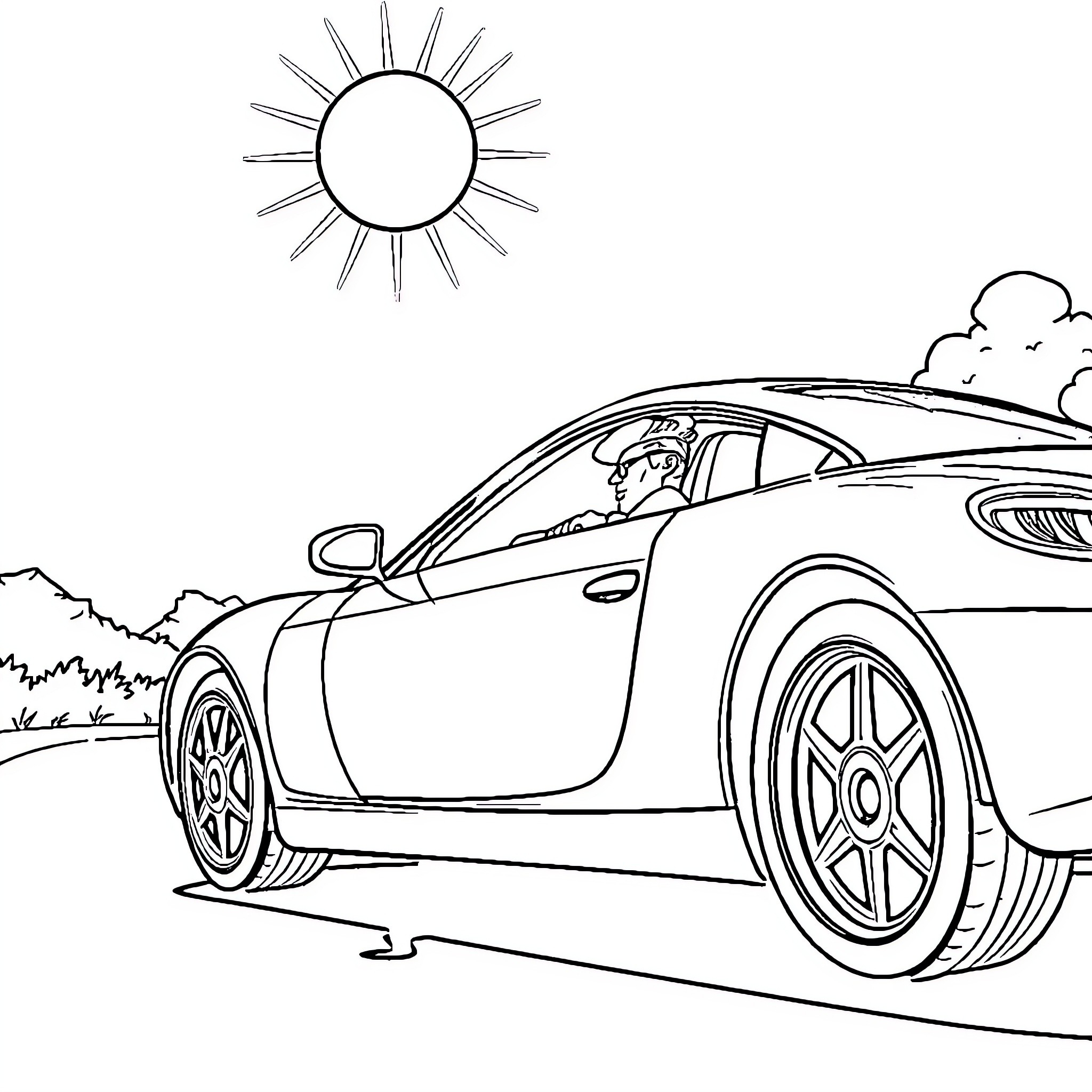Car driving under sunny skies Coloring Page (free black-and-white line drawing printable PDF for all, from beginners to advanced learners, including children, teens, adults, and seniors)