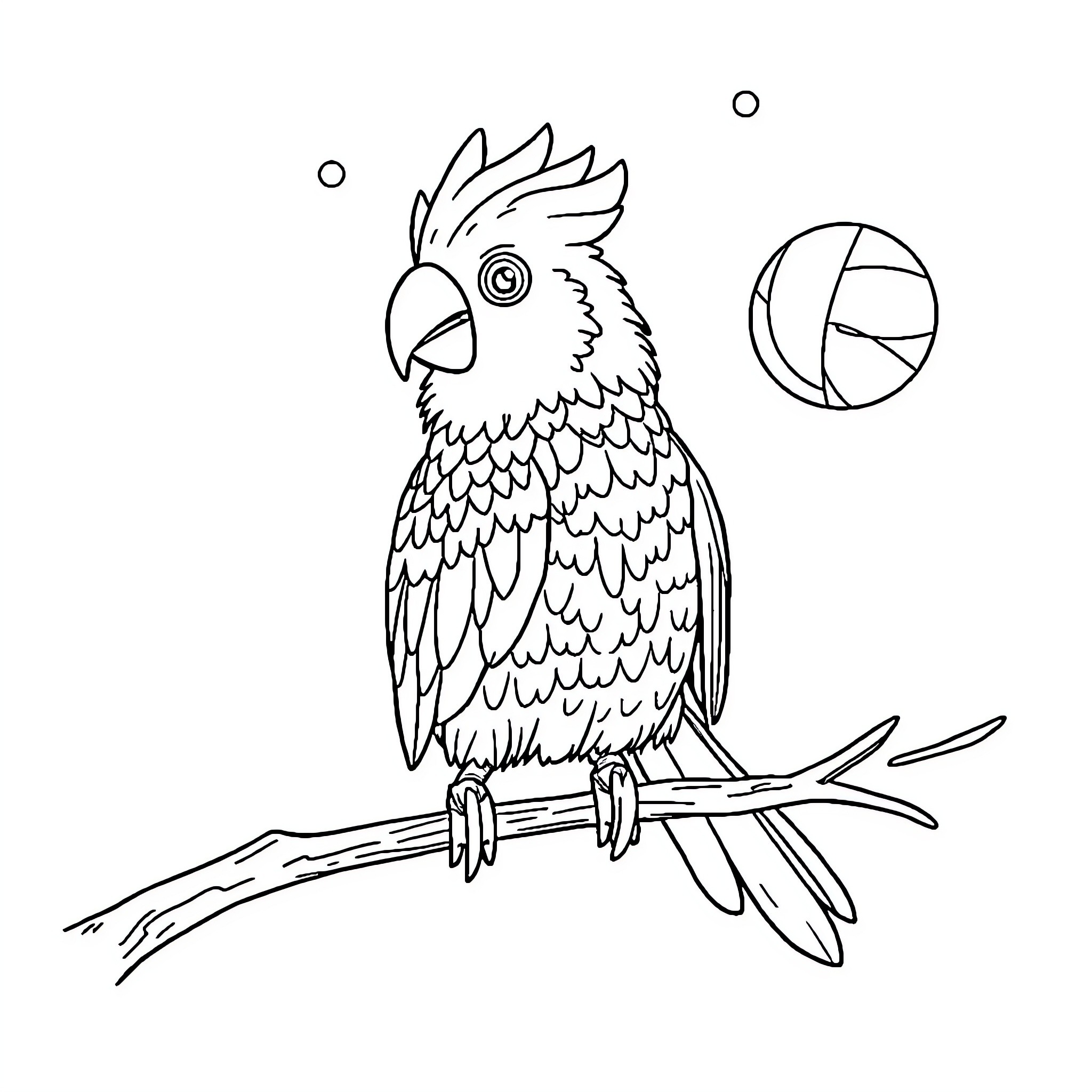 Coelho the Parrot Perched on a Branch Coloring Page (free black-and-white line drawing printable PDF for all, from beginners to advanced learners, including children, teens, adults, and seniors)