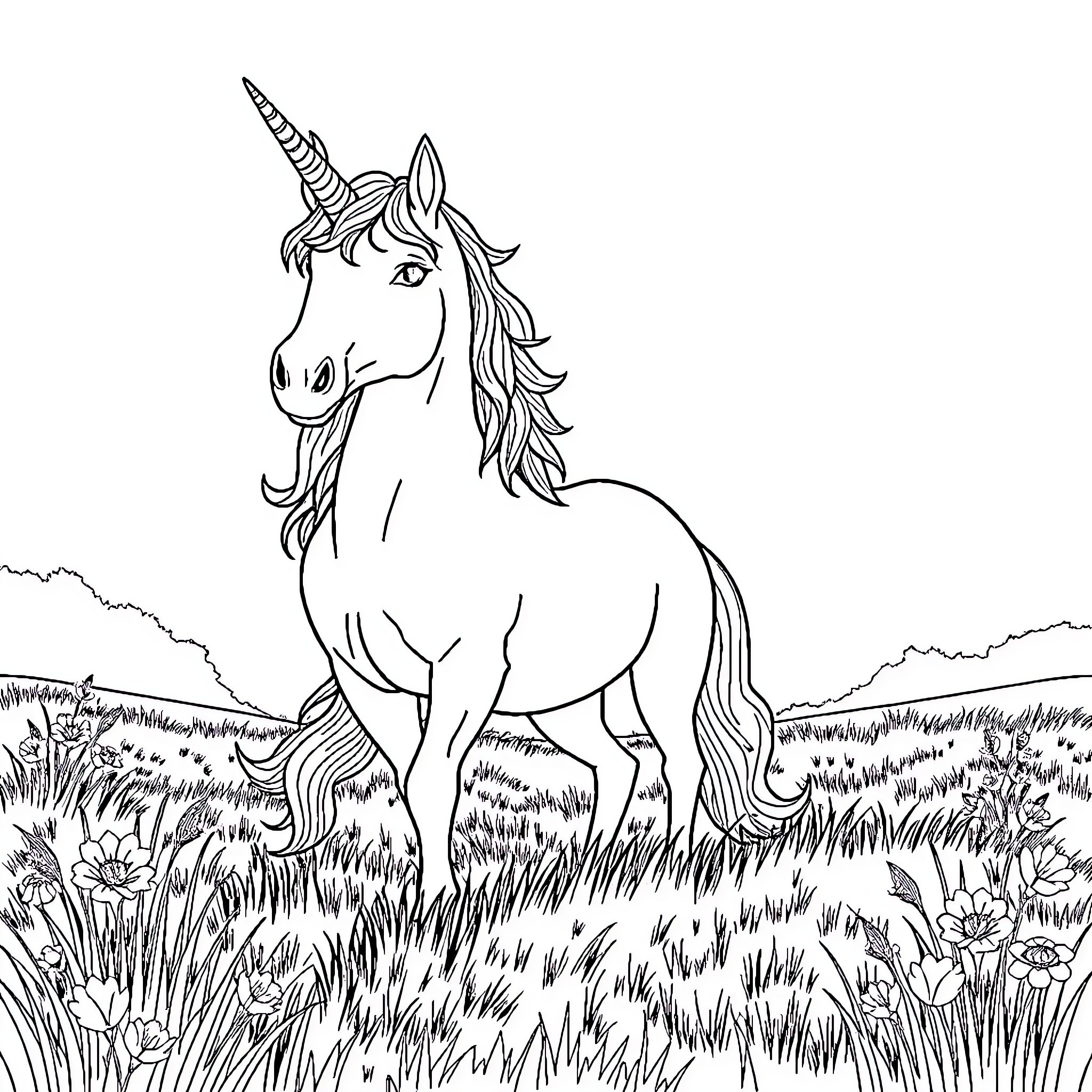 Unicorn standing majestically in a grassy meadow Coloring Page (free black-and-white line drawing printable PDF for all, from beginners to advanced learners, including children, teens, adults, and seniors)