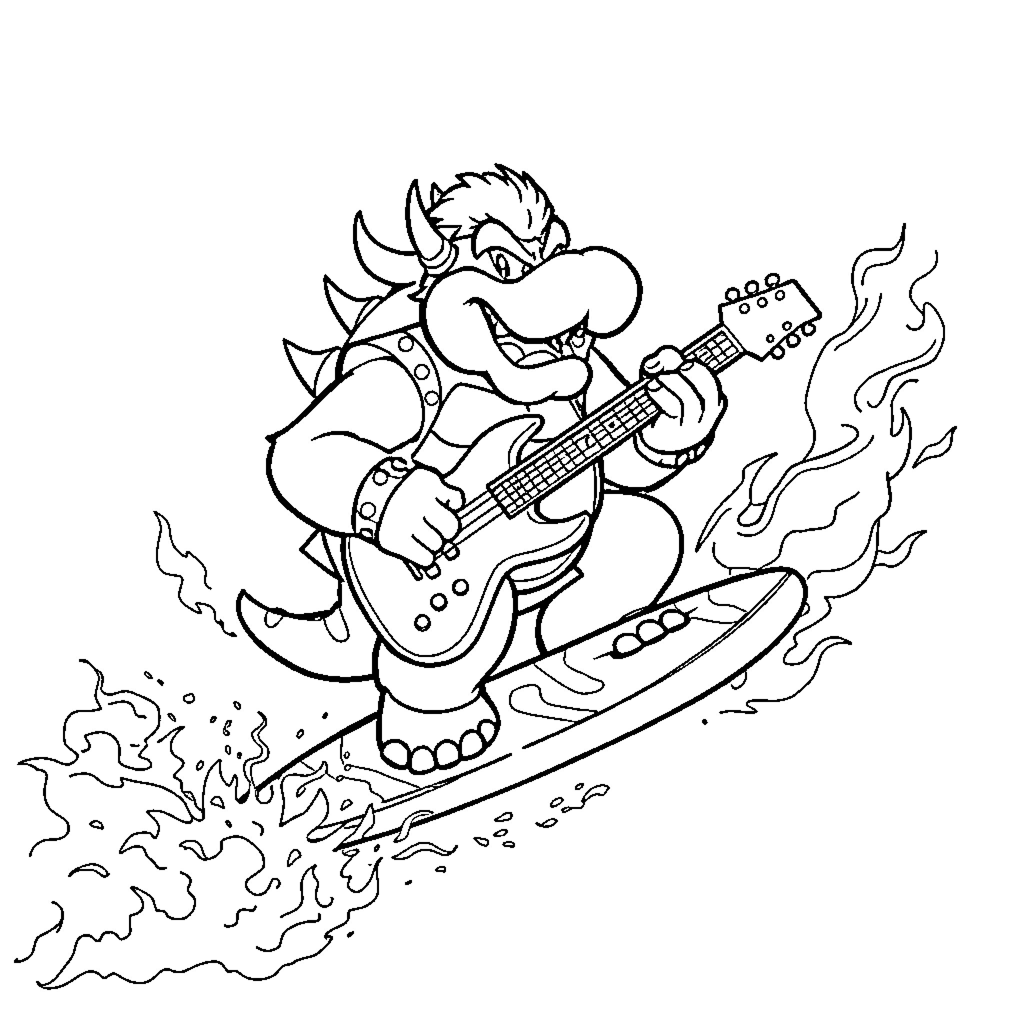 Bowser rocking out on his electric guitar Coloring Page (free black-and-white line drawing printable PDF for all, from beginners to advanced learners, including children, teens, adults, and seniors)