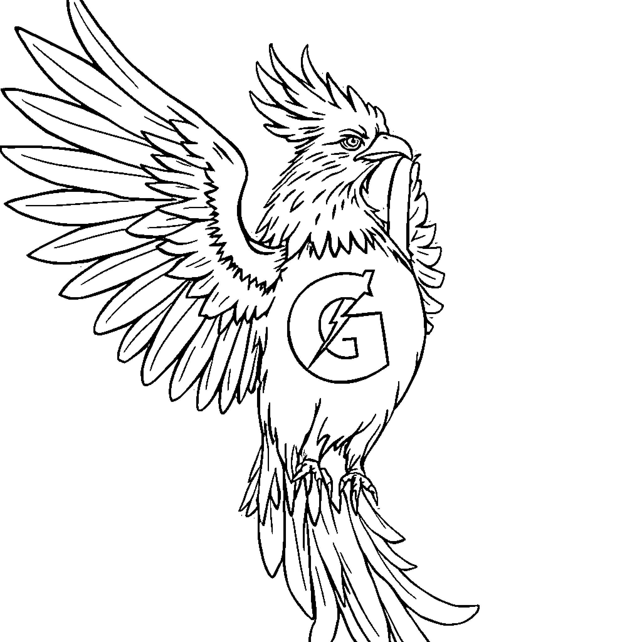 Phoenix bird with open wings and letter G Coloring Page (free black-and-white line drawing printable PDF for all, from beginners to advanced learners, including children, teens, adults, and seniors)