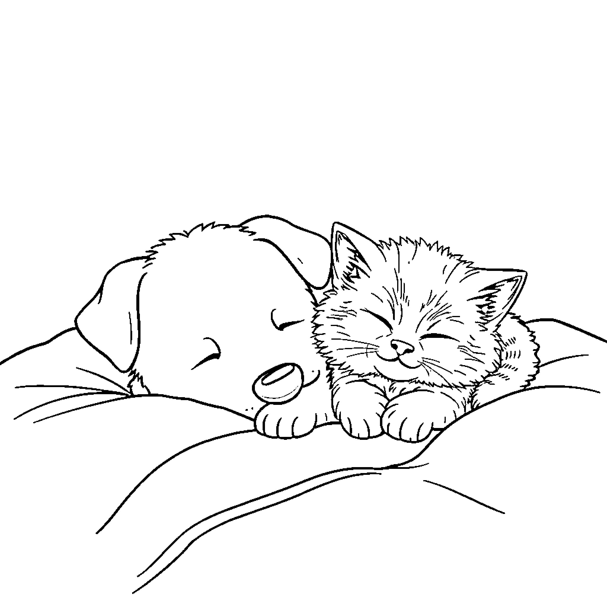 Dog napping peacefully on a cozy bed Coloring Page (free black-and-white line drawing printable PDF for all, from beginners to advanced learners, including children, teens, adults, and seniors)