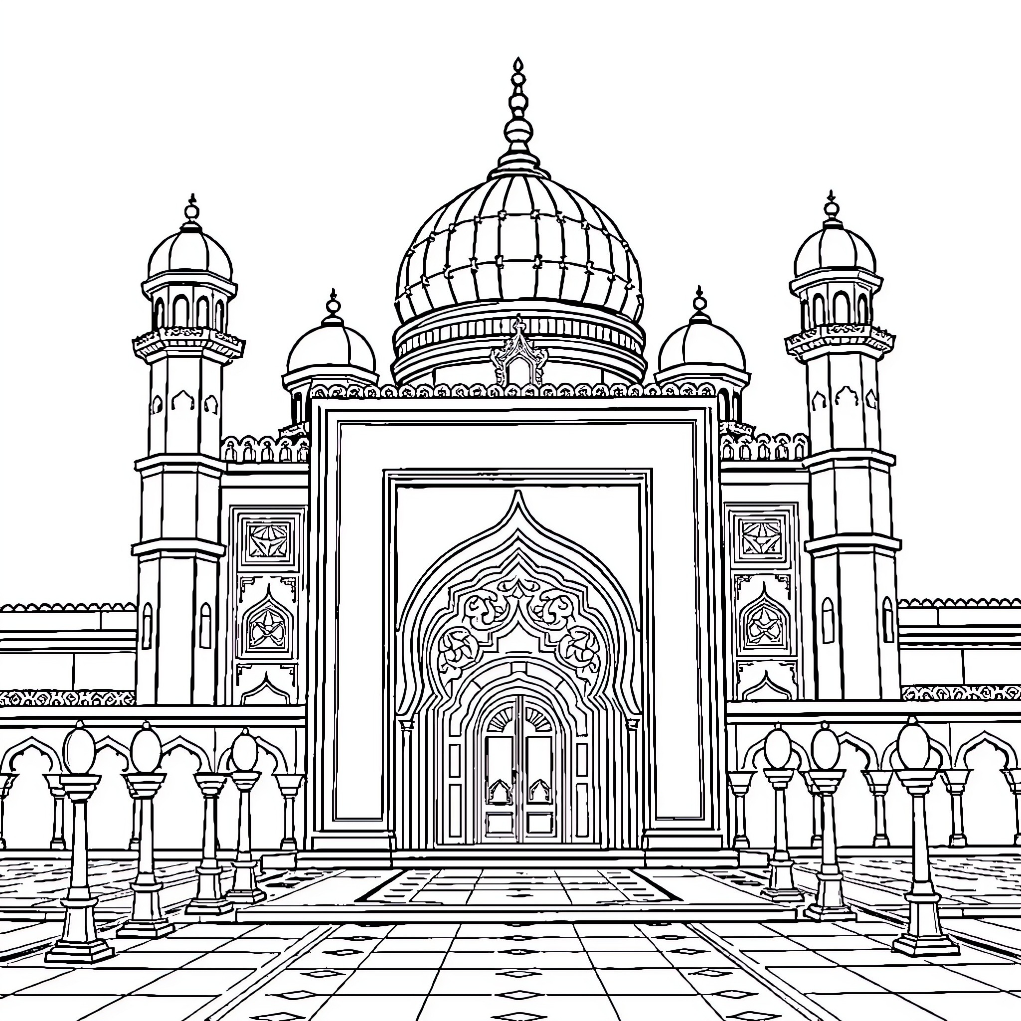 Gurdwara with Intricate Architectural Details Coloring Page (free black-and-white line drawing printable PDF for all, from beginners to advanced learners, including children, teens, adults, and seniors)