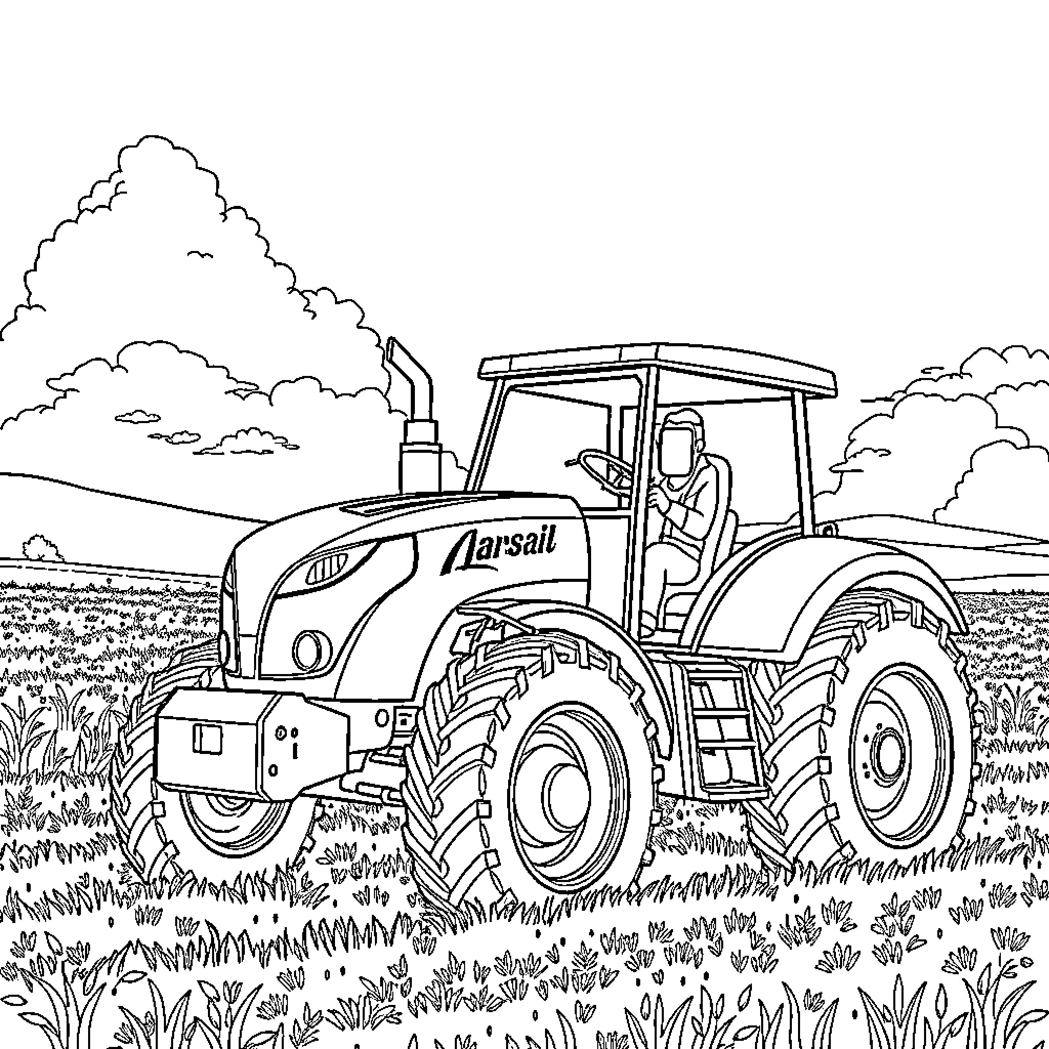 Marsal tractor working in rural field Coloring Page (free black-and-white line drawing printable PDF for all, from beginners to advanced learners, including children, teens, adults, and seniors)