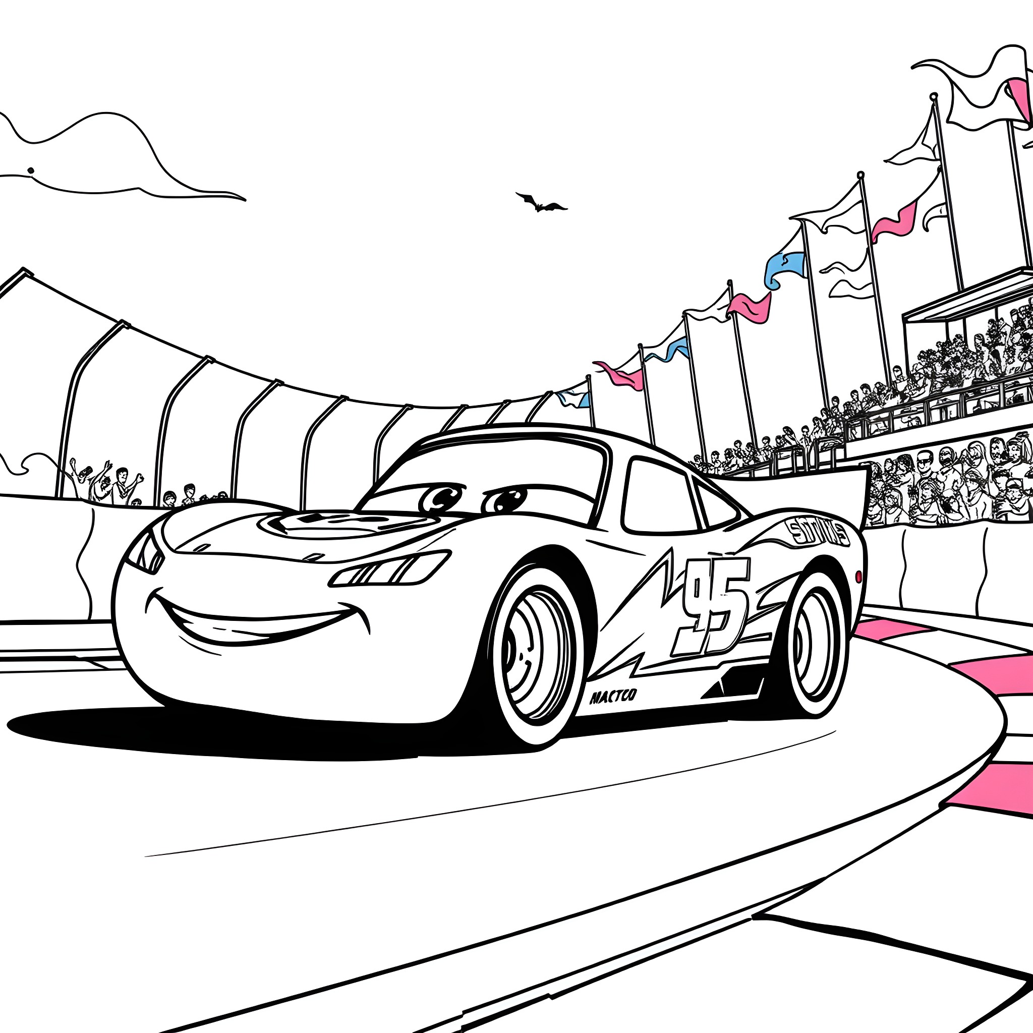 Lightning McQueen racing on the track Coloring Page (free black-and-white line drawing printable PDF for all, from beginners to advanced learners, including children, teens, adults, and seniors)