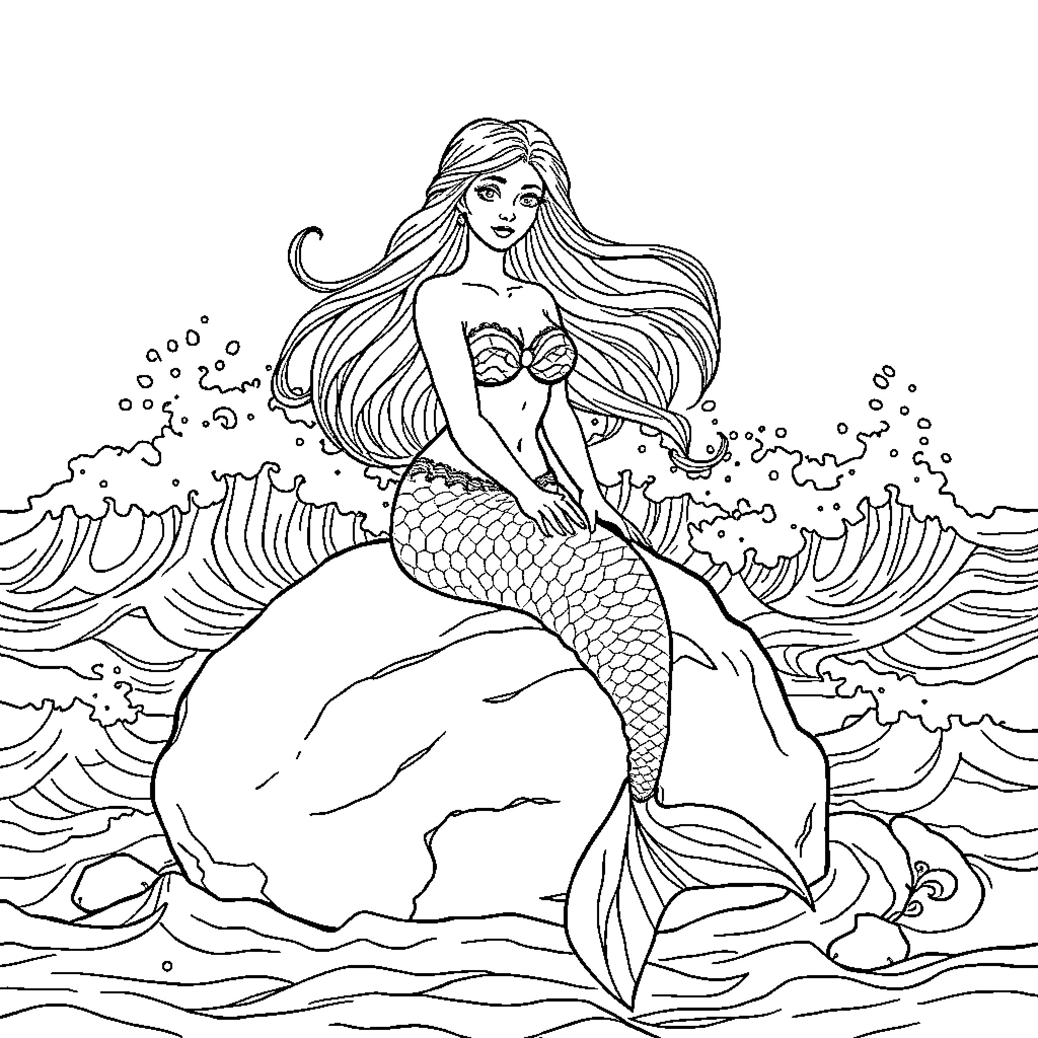 Mermaid with Long Hair Relaxing on Rock in Ocean Coloring Page (free black-and-white line drawing printable PDF for all, from beginners to advanced learners, including children, teens, adults, and seniors)