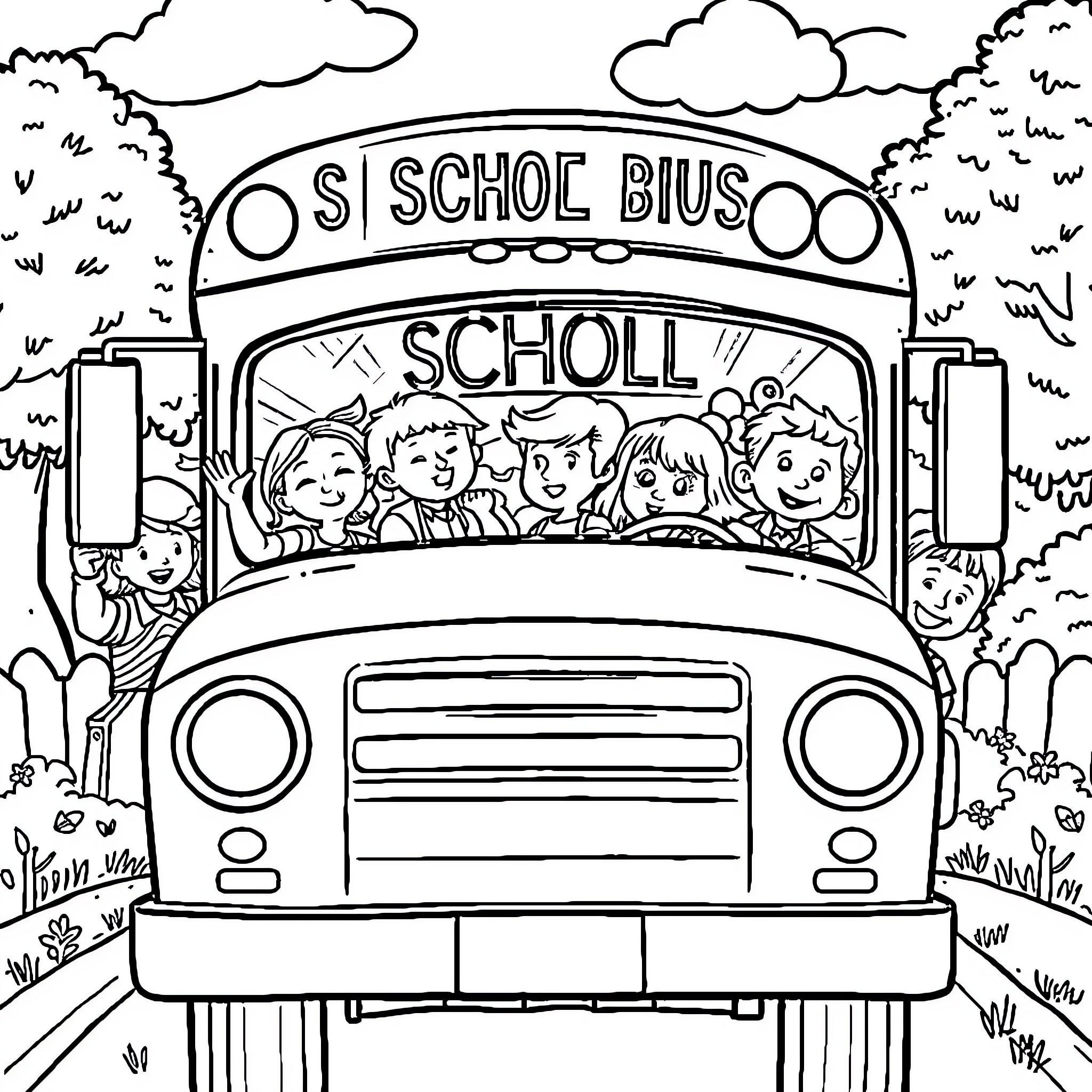 Bus full of happy school children on the way to school Coloring Page (free black-and-white line drawing printable PDF for all, from beginners to advanced learners, including children, teens, adults, and seniors)