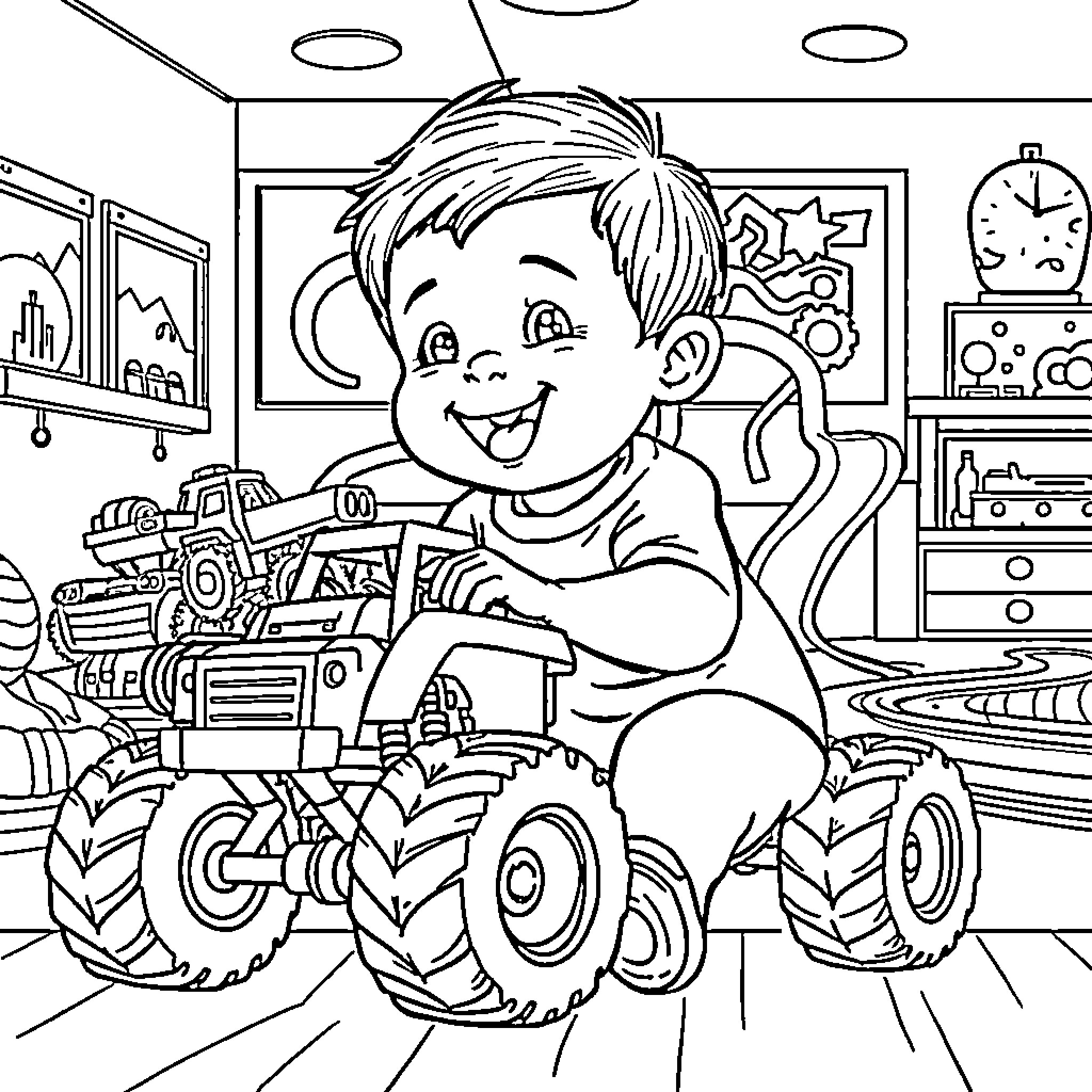 Truck-shaped toy excites young boy in bedroom Coloring Page (free black-and-white line drawing printable PDF for all, from beginners to advanced learners, including children, teens, adults, and seniors)