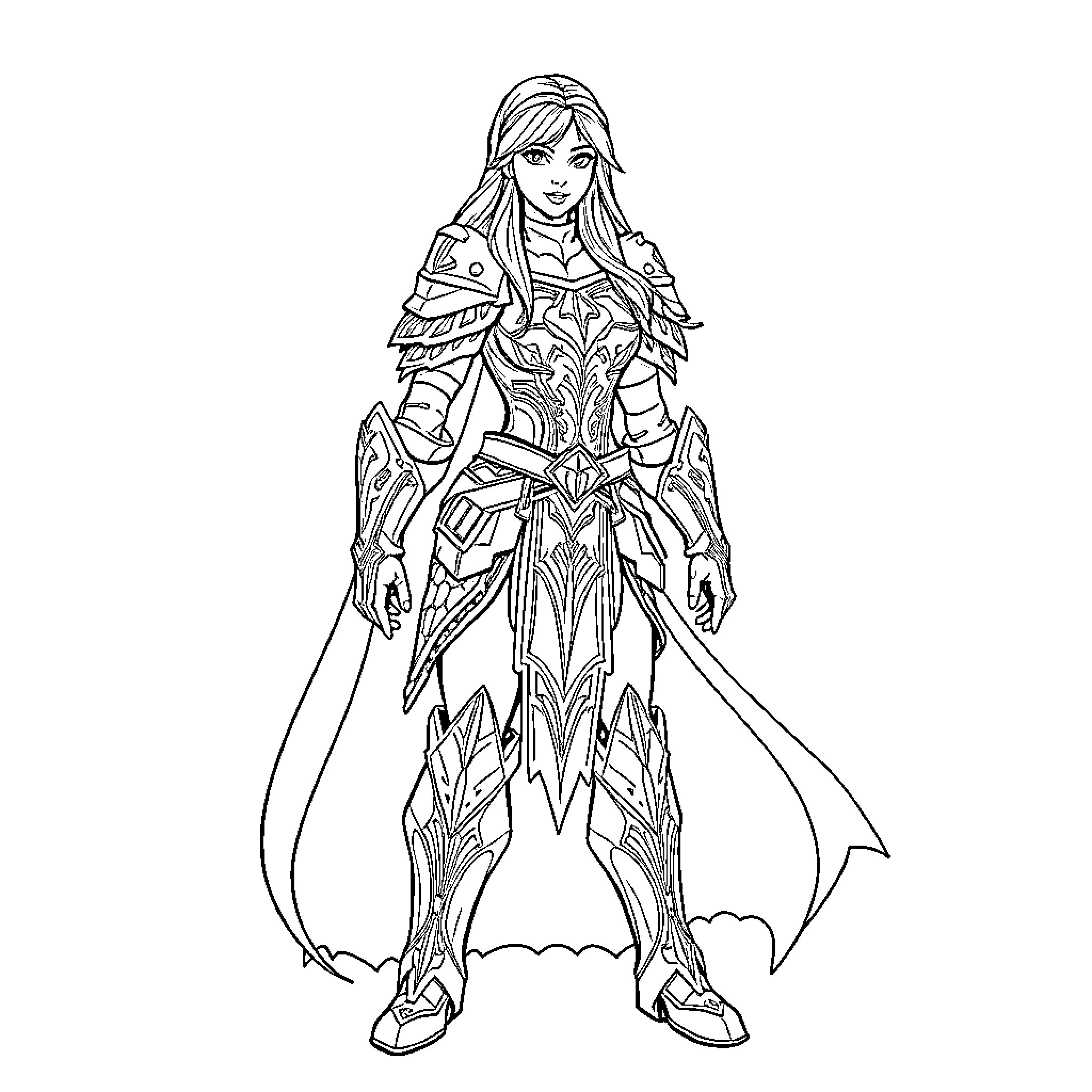 Queen in Ornate Armored Attire Coloring Page (free black-and-white line drawing printable PDF for all, from beginners to advanced learners, including children, teens, adults, and seniors)