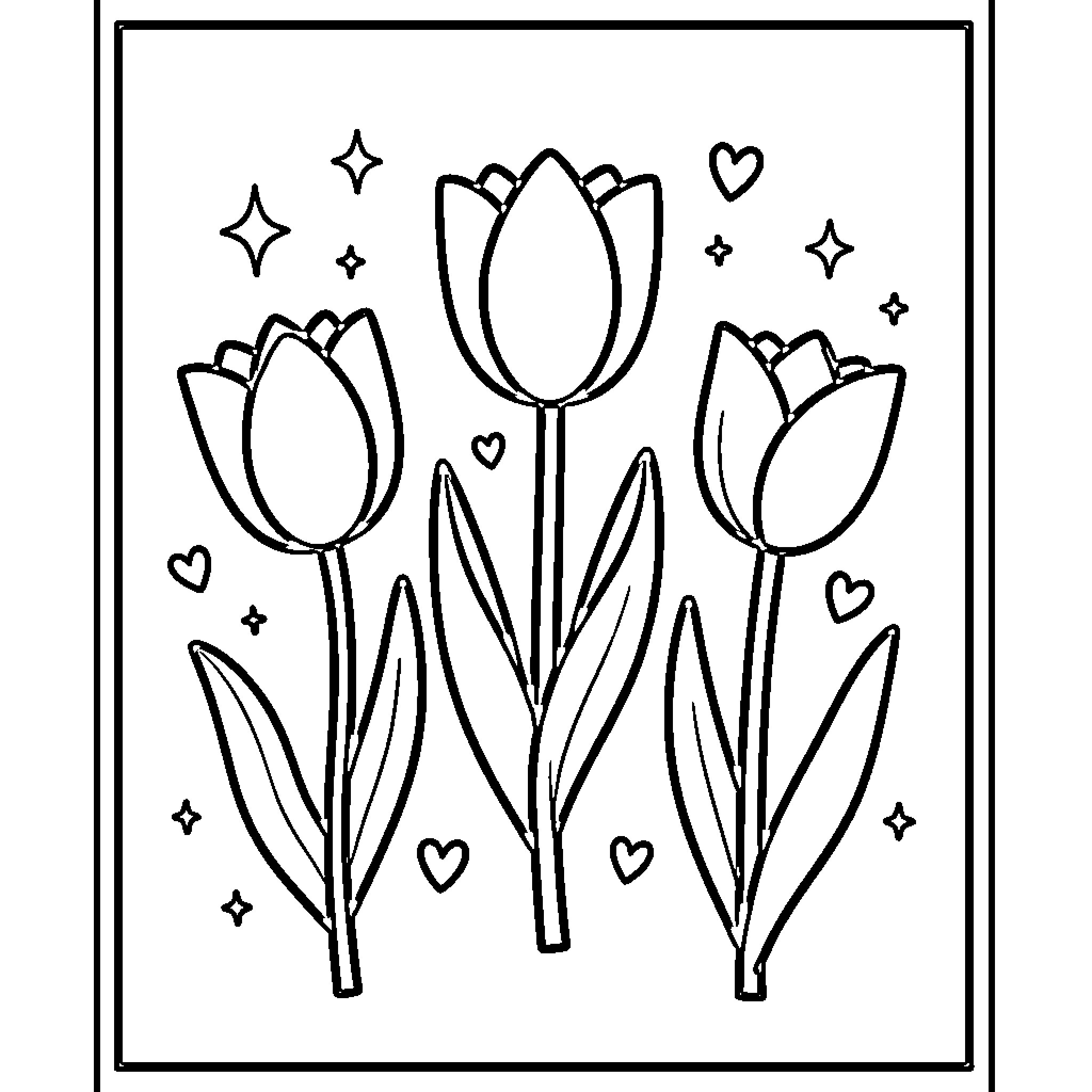 Tulip flowers blooming amidst decorative hearts and stars Coloring Page (free black-and-white line drawing printable PDF for all, from beginners to advanced learners, including children, teens, adults, and seniors)