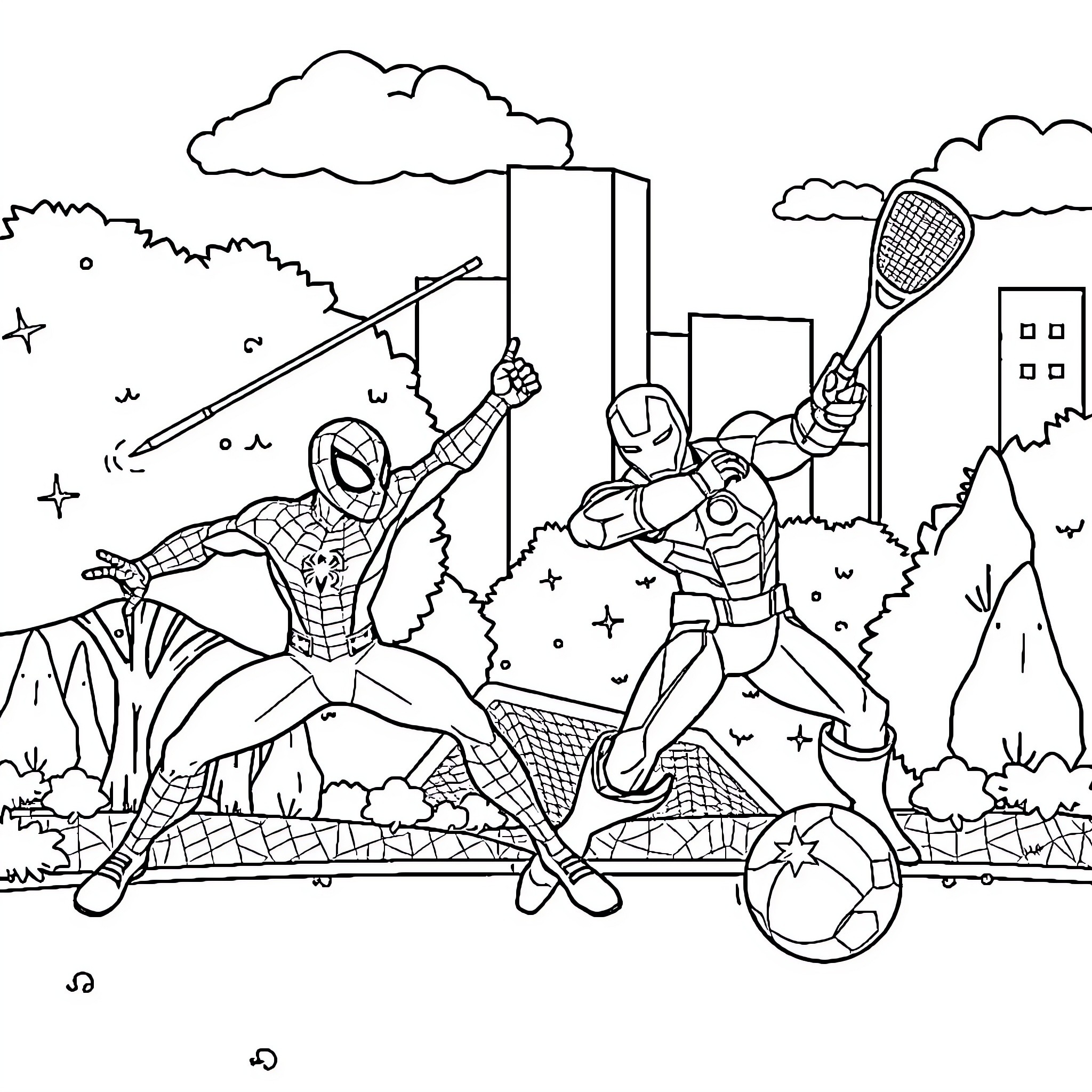 Superheroes in action-packed city scene Coloring Page (free black-and-white line drawing printable PDF for all, from beginners to advanced learners, including children, teens, adults, and seniors)