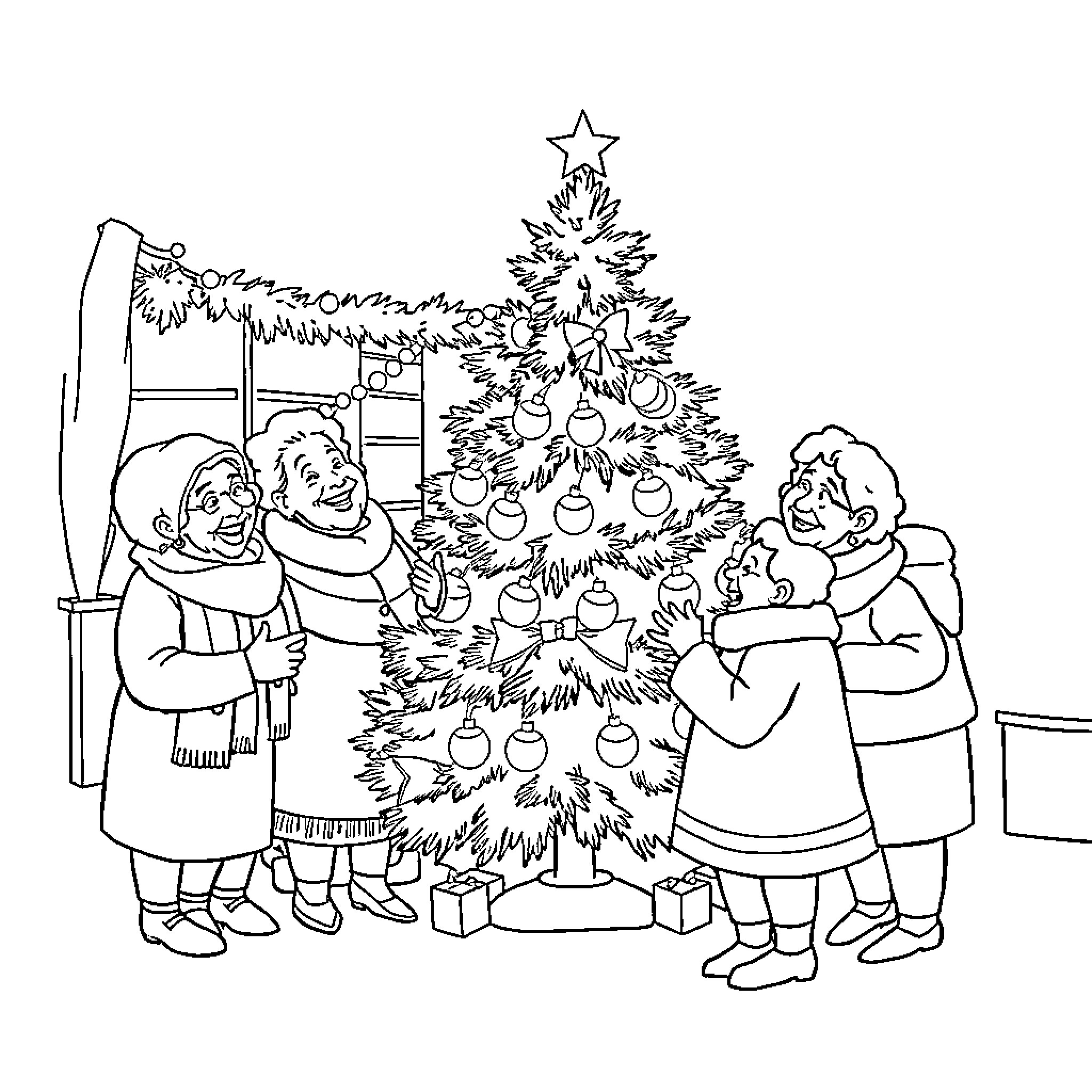 Person decorating Christmas tree with family Coloring Page (free black-and-white line drawing printable PDF for all, from beginners to advanced learners, including children, teens, adults, and seniors)