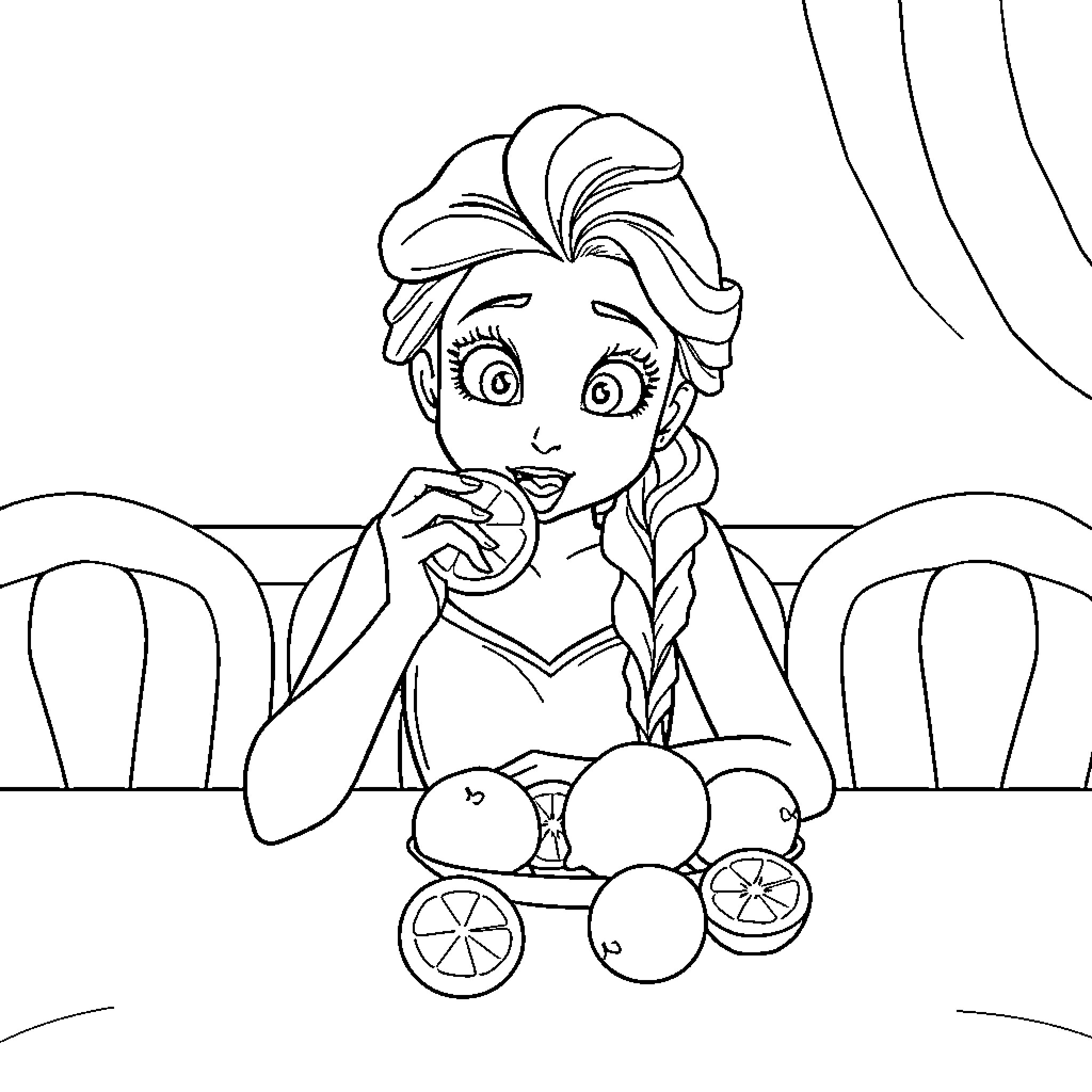Elsa enjoying a healthy snack Coloring Page (free black-and-white line drawing printable PDF for all, from beginners to advanced learners, including children, teens, adults, and seniors)