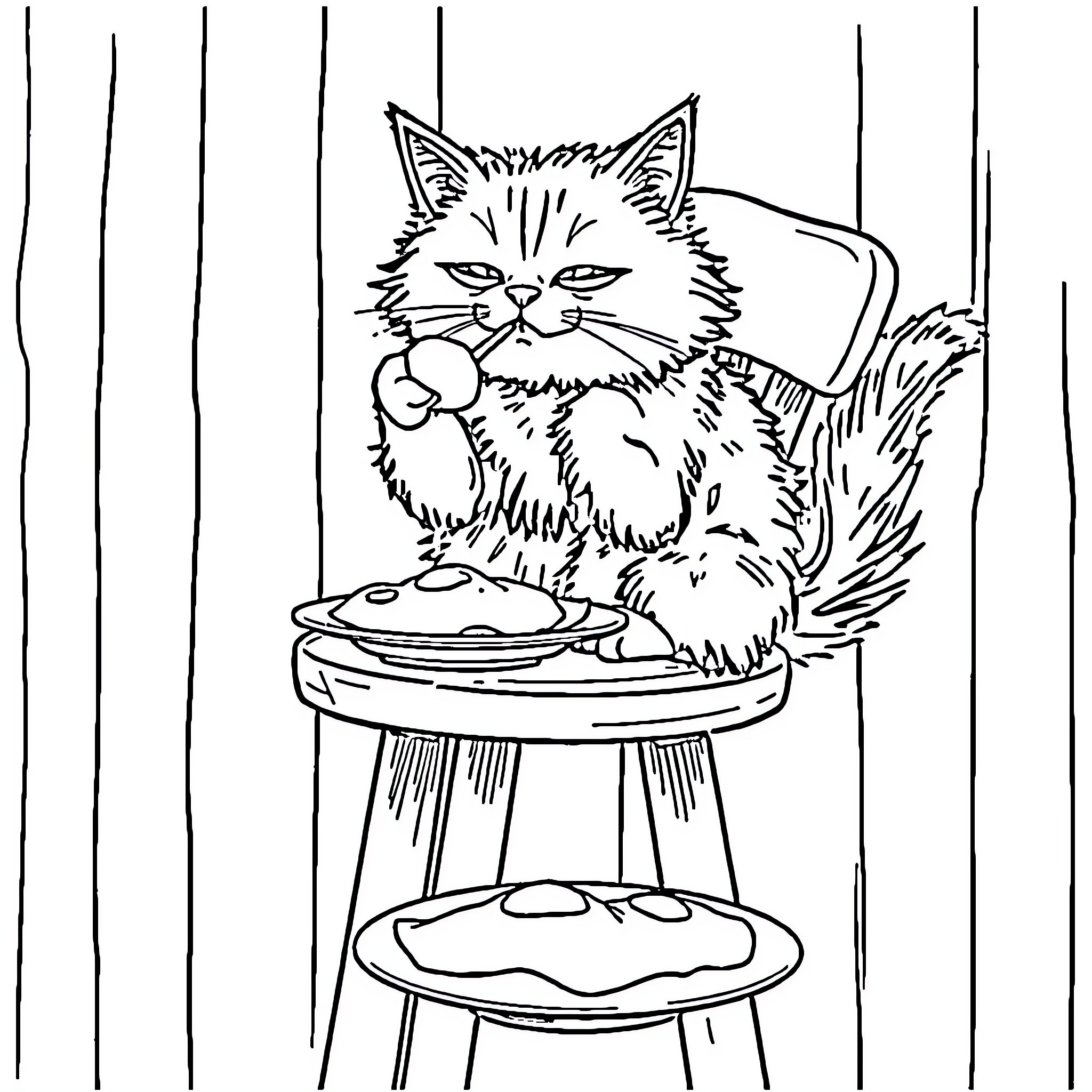 Cat enjoying a meal at the table Coloring Page (free black-and-white line drawing printable PDF for all, from beginners to advanced learners, including children, teens, adults, and seniors)