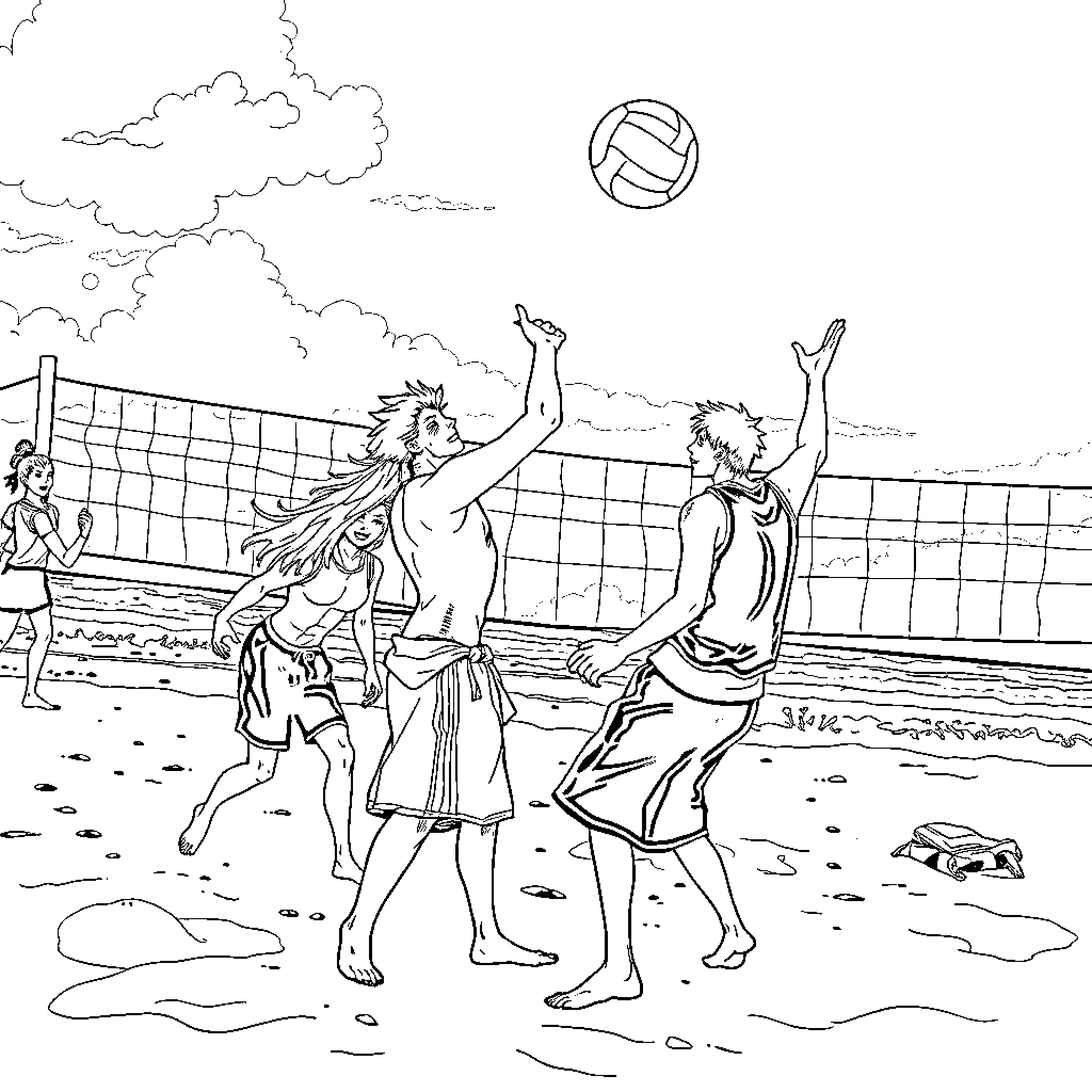 Bleach: Beachside Volleyball Match Coloring Page (free black-and-white line drawing printable PDF for all, from beginners to advanced learners, including children, teens, adults, and seniors)