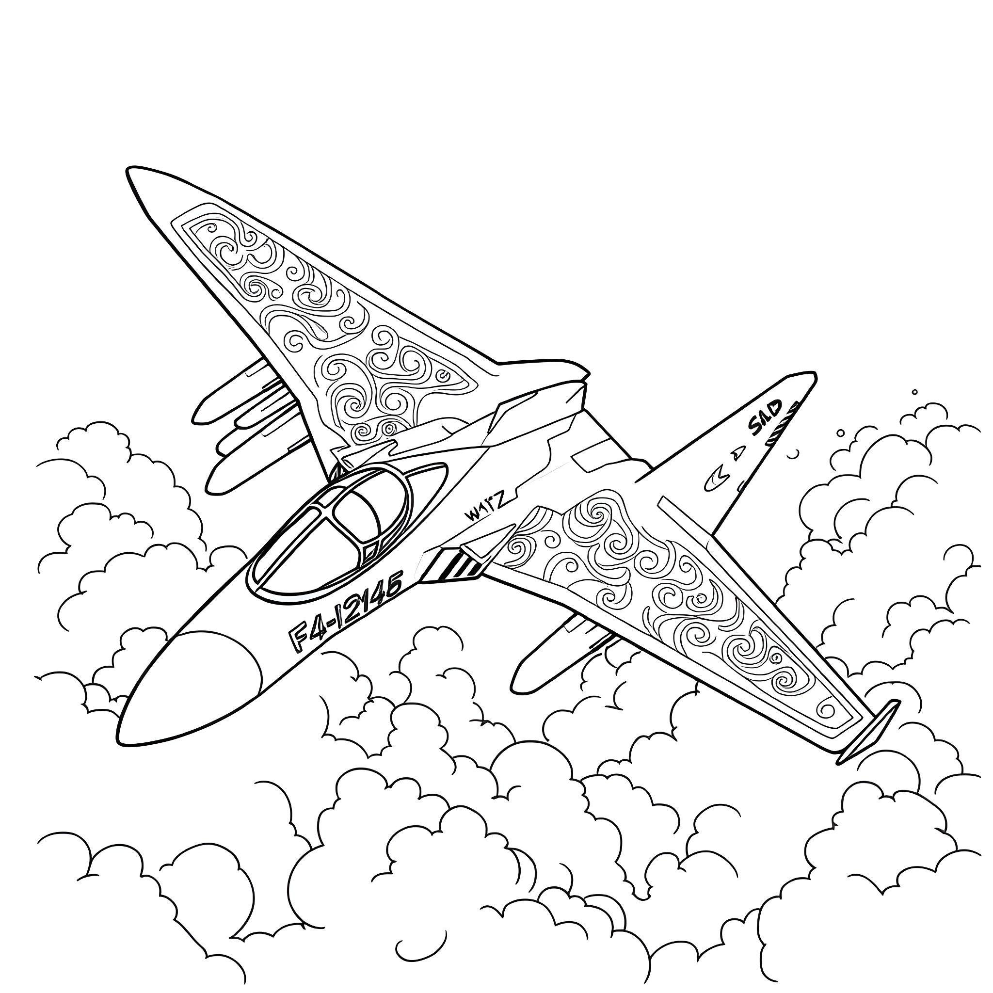 Fighter Jet soaring through clouds Coloring Page (free black-and-white line drawing printable PDF for all, from beginners to advanced learners, including children, teens, adults, and seniors)