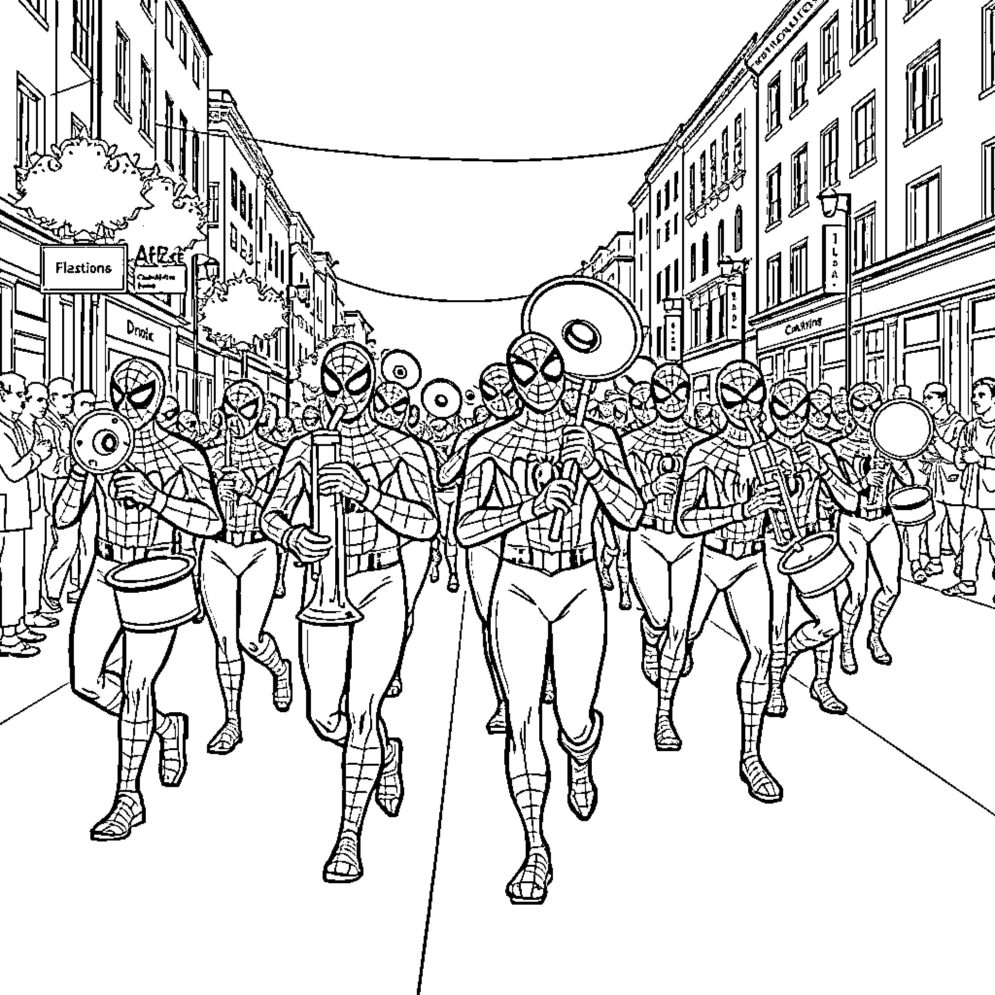 Spiderman characters in an urban parade Coloring Page (free black-and-white line drawing printable PDF for all, from beginners to advanced learners, including children, teens, adults, and seniors)