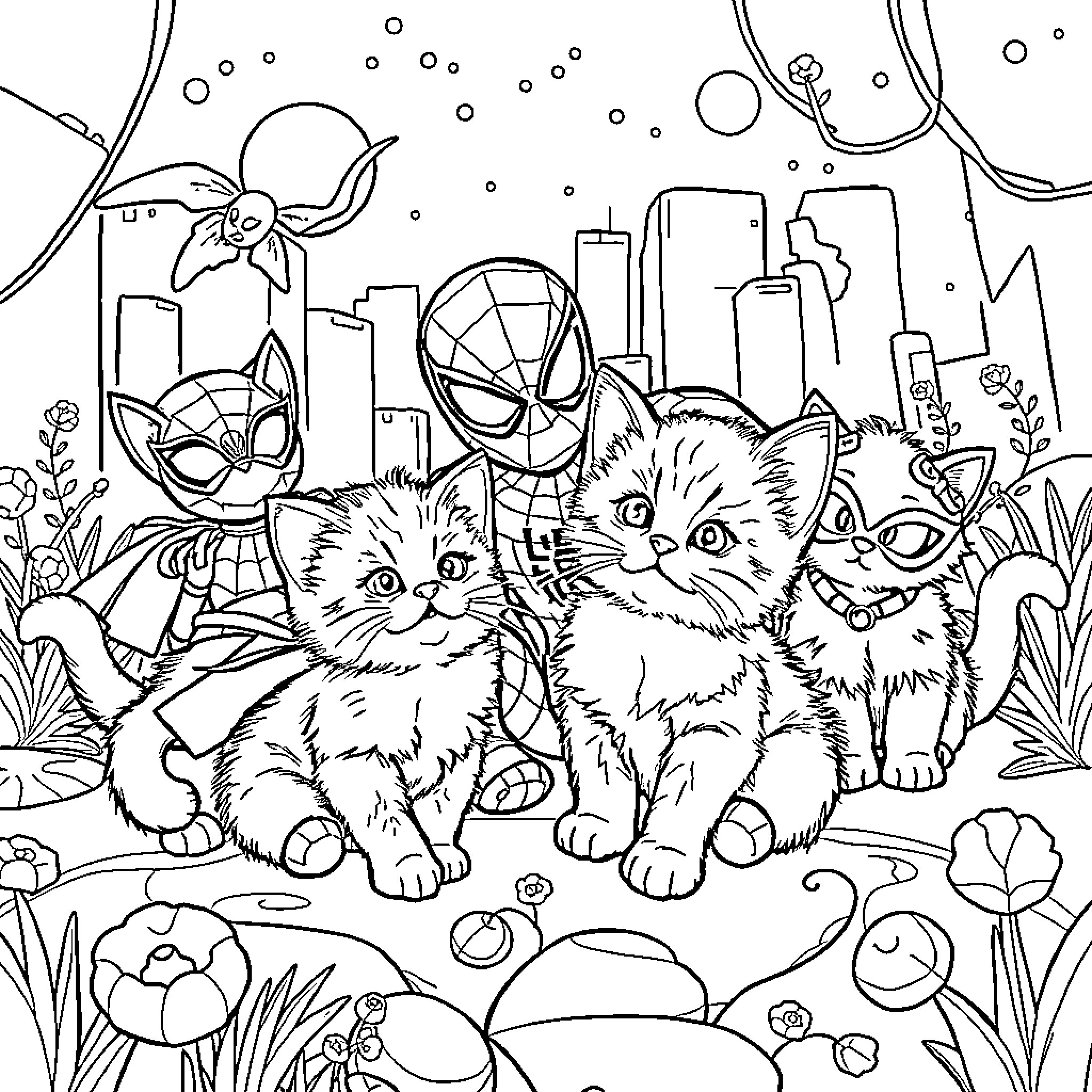 Superkitties in a fantastical cityscape Coloring Page (free black-and-white line drawing printable PDF for all, from beginners to advanced learners, including children, teens, adults, and seniors)