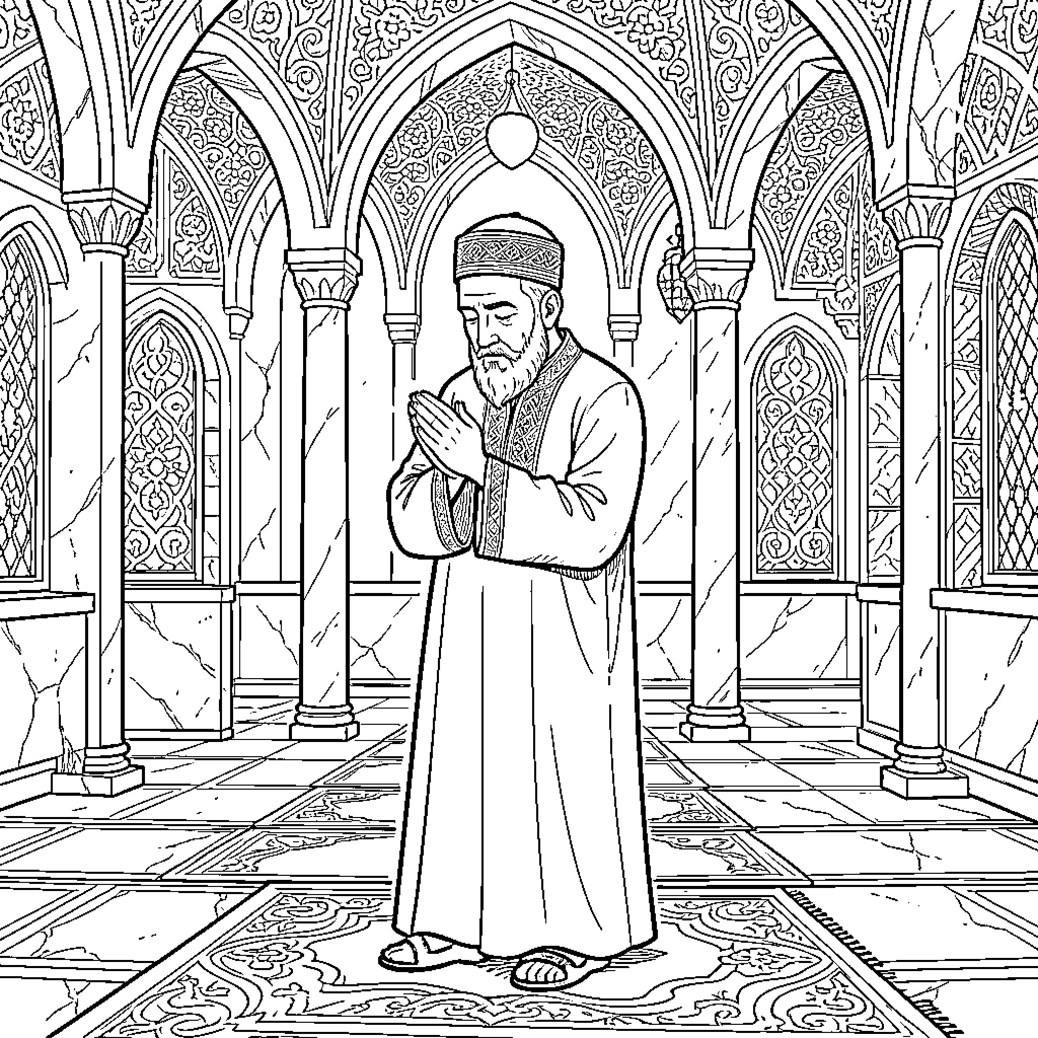 Imam praying peacefully inside a mosque Coloring Page (free black-and-white line drawing printable PDF for all, from beginners to advanced learners, including children, teens, adults, and seniors)