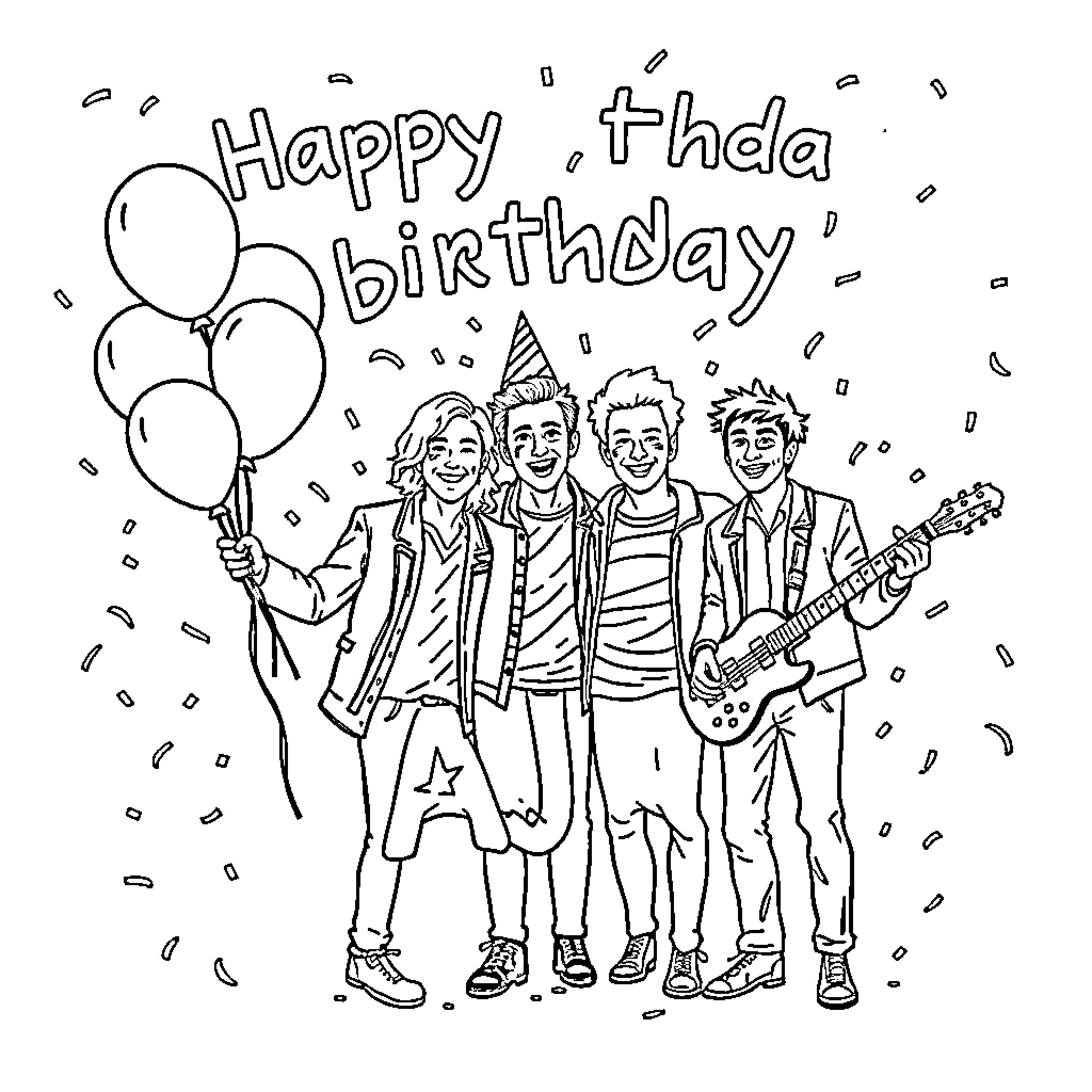 AJR celebrating a birthday with balloons and music Coloring Page (free black-and-white line drawing printable PDF for all, from beginners to advanced learners, including children, teens, adults, and seniors)