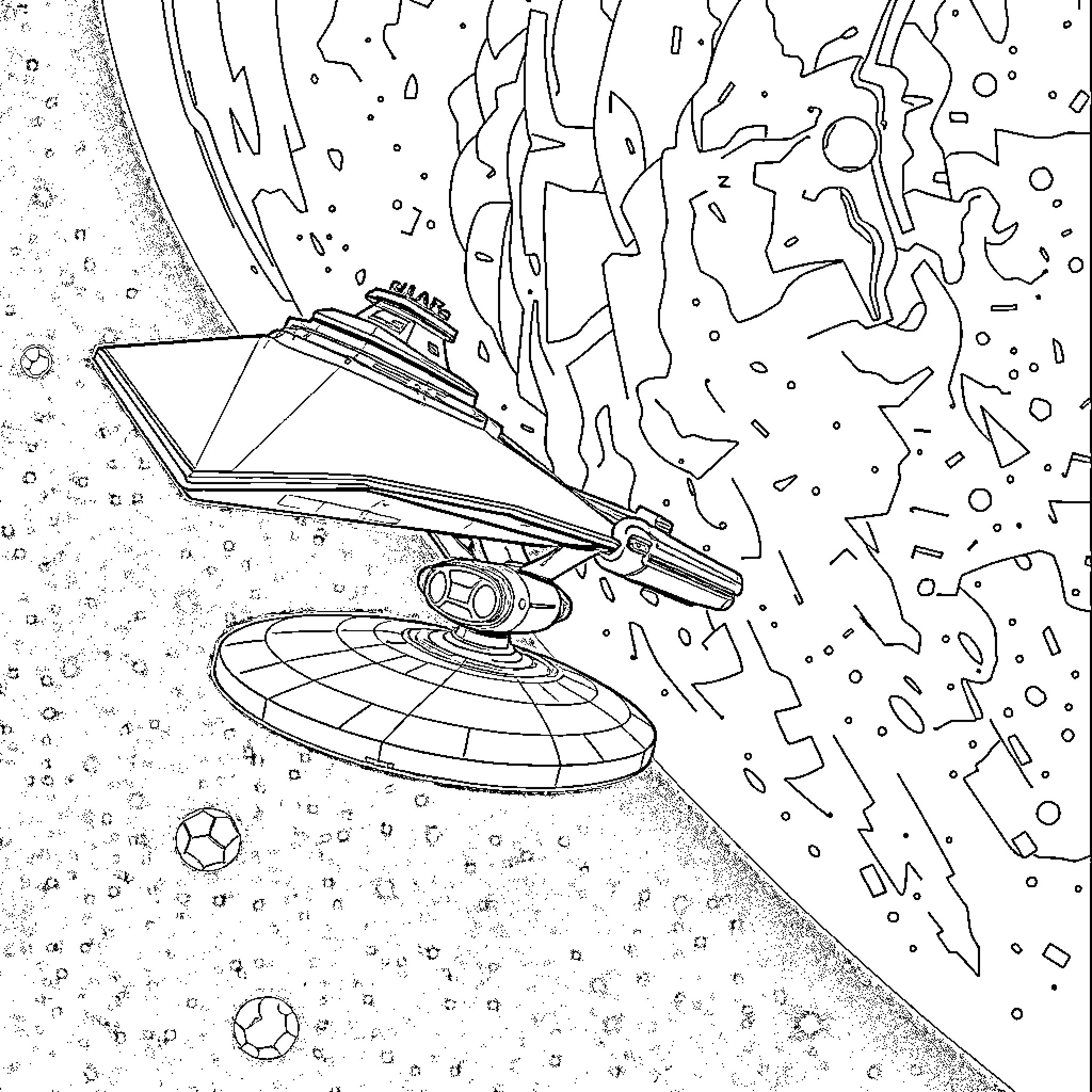 Enterprise navigating through cosmic debris Coloring Page (free black-and-white line drawing printable PDF for all, from beginners to advanced learners, including children, teens, adults, and seniors)