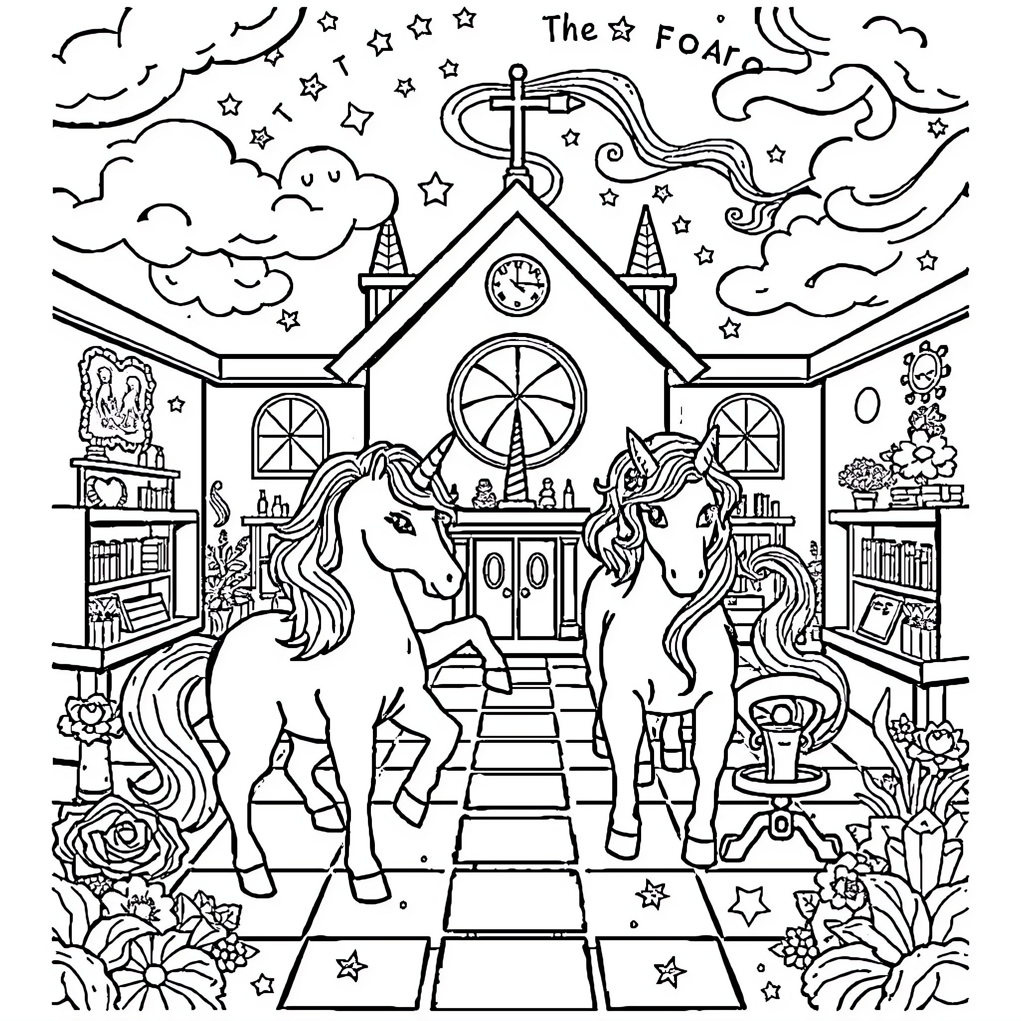 Unicorn companions exploring a magical cottage Coloring Page (free black-and-white line drawing printable PDF for all, from beginners to advanced learners, including children, teens, adults, and seniors)
