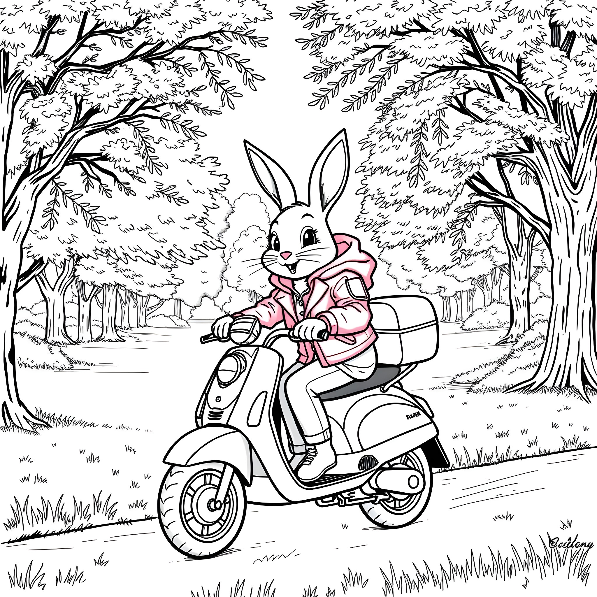 Rabbit riding scooter through forest Coloring Page (free black-and-white line drawing printable PDF for all, from beginners to advanced learners, including children, teens, adults, and seniors)