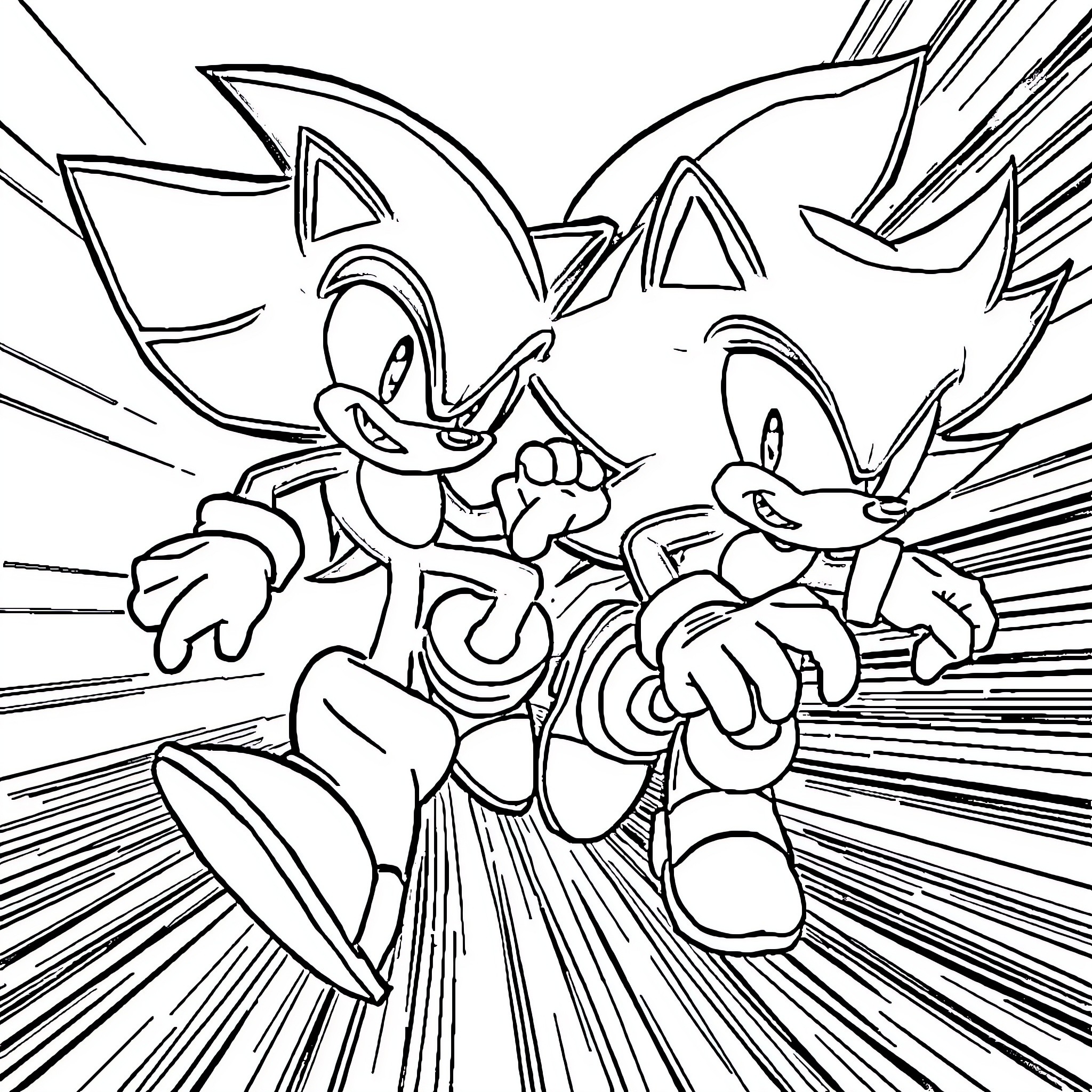 Sonic characters in dynamic action Coloring Page (free black-and-white line drawing printable PDF for all, from beginners to advanced learners, including children, teens, adults, and seniors)