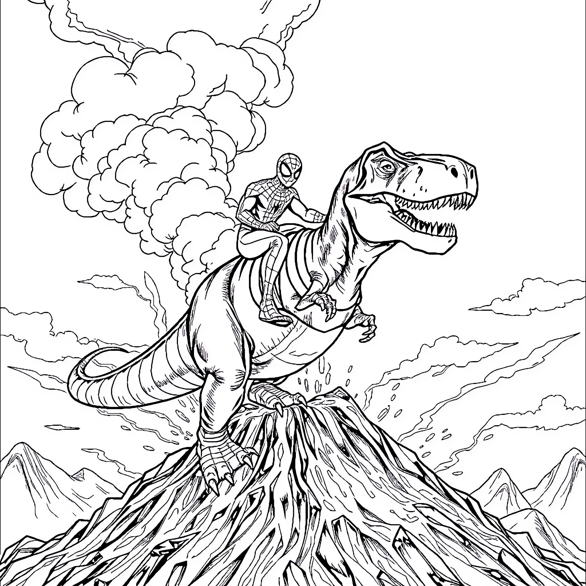 Spiderman riding a fierce dinosaur through a volcanic landscape Coloring Page (free black-and-white line drawing printable PDF for all, from beginners to advanced learners, including children, teens, adults, and seniors)