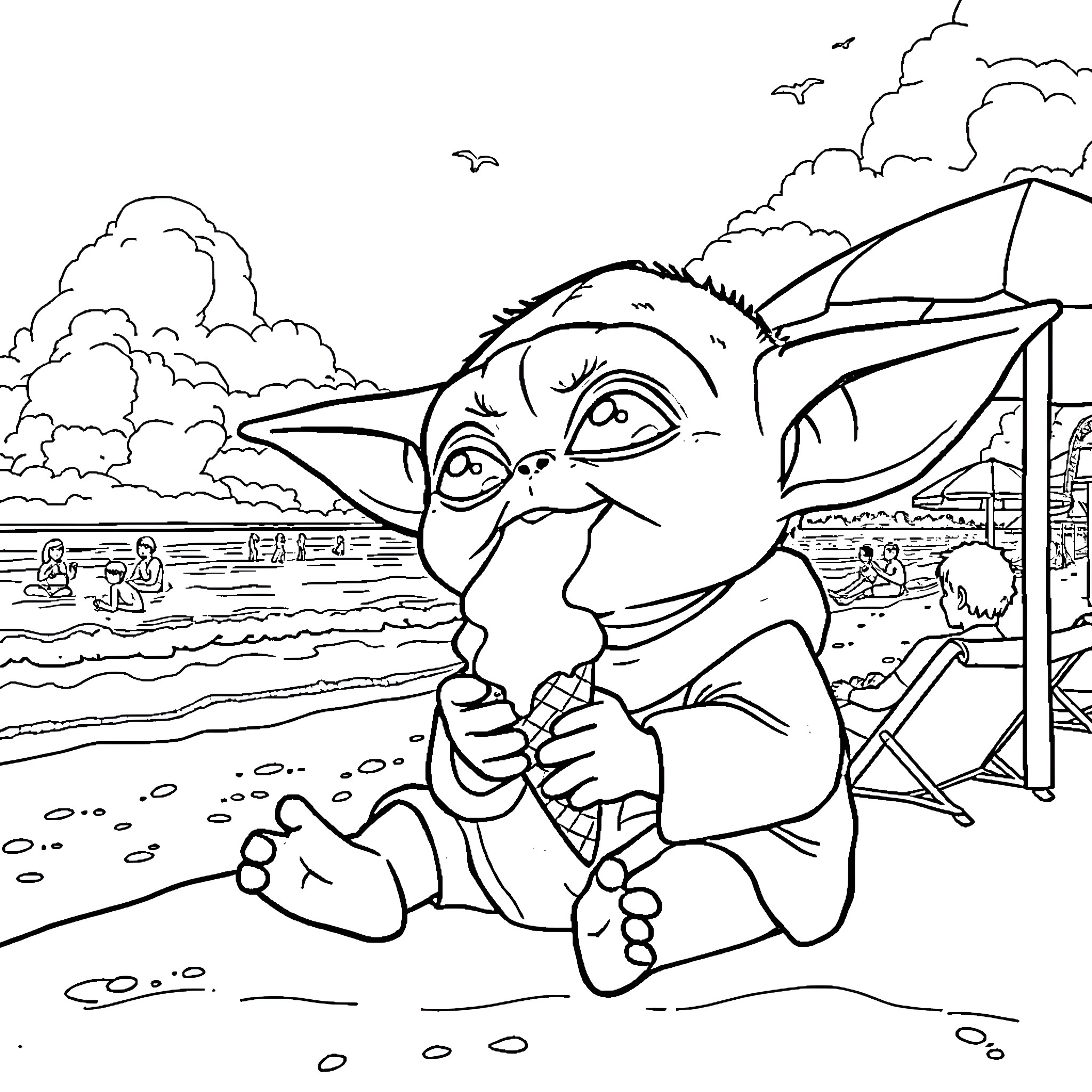Baby Yoda enjoying a day at the beach Coloring Page (free black-and-white line drawing printable PDF for all, from beginners to advanced learners, including children, teens, adults, and seniors)