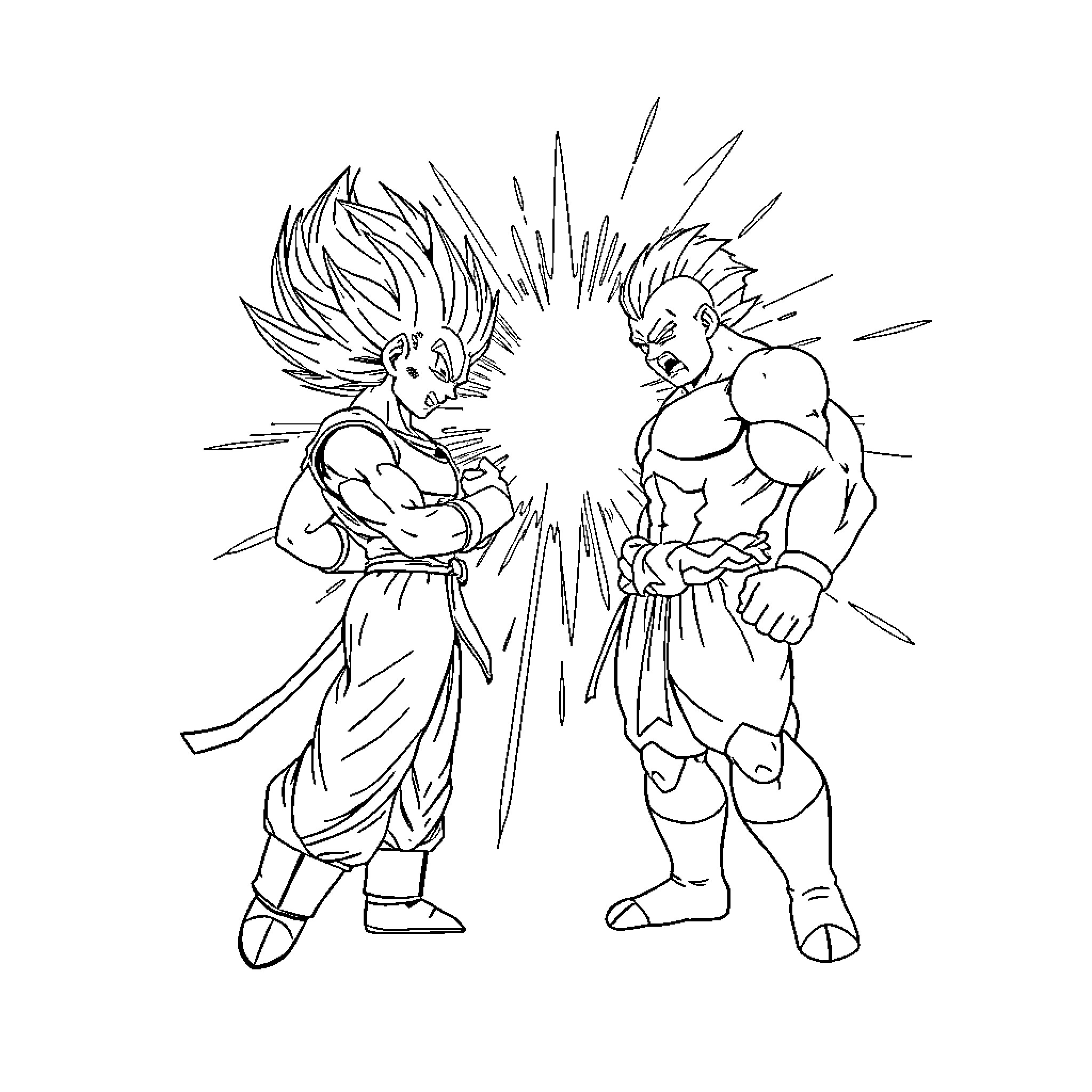 Vegeta battling muscular opponent in heroic stance Coloring Page (free black-and-white line drawing printable PDF for all, from beginners to advanced learners, including children, teens, adults, and seniors)
