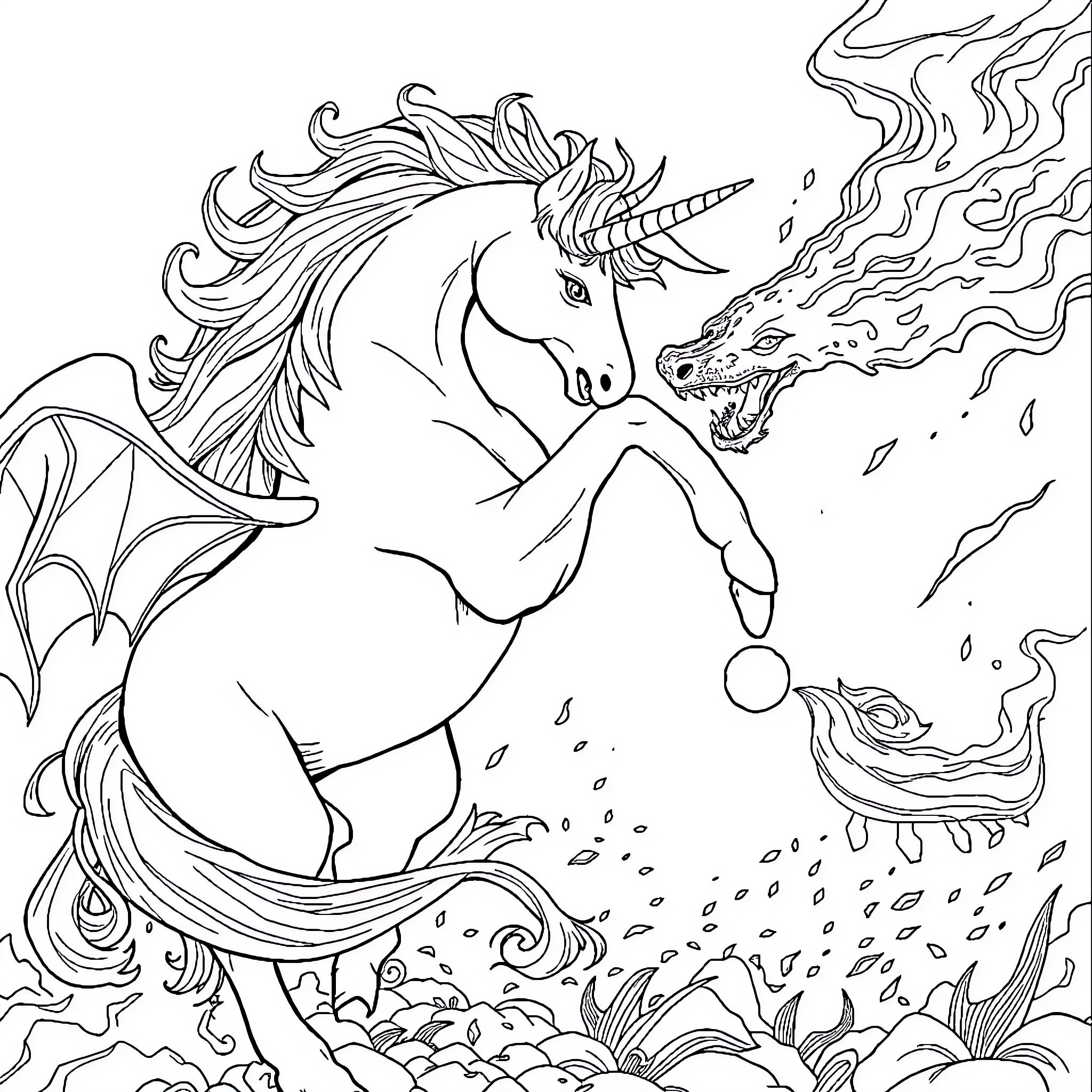 Unicorn riding a fiery dragon through a magical forest Coloring Page (free black-and-white line drawing printable PDF for all, from beginners to advanced learners, including children, teens, adults, and seniors)