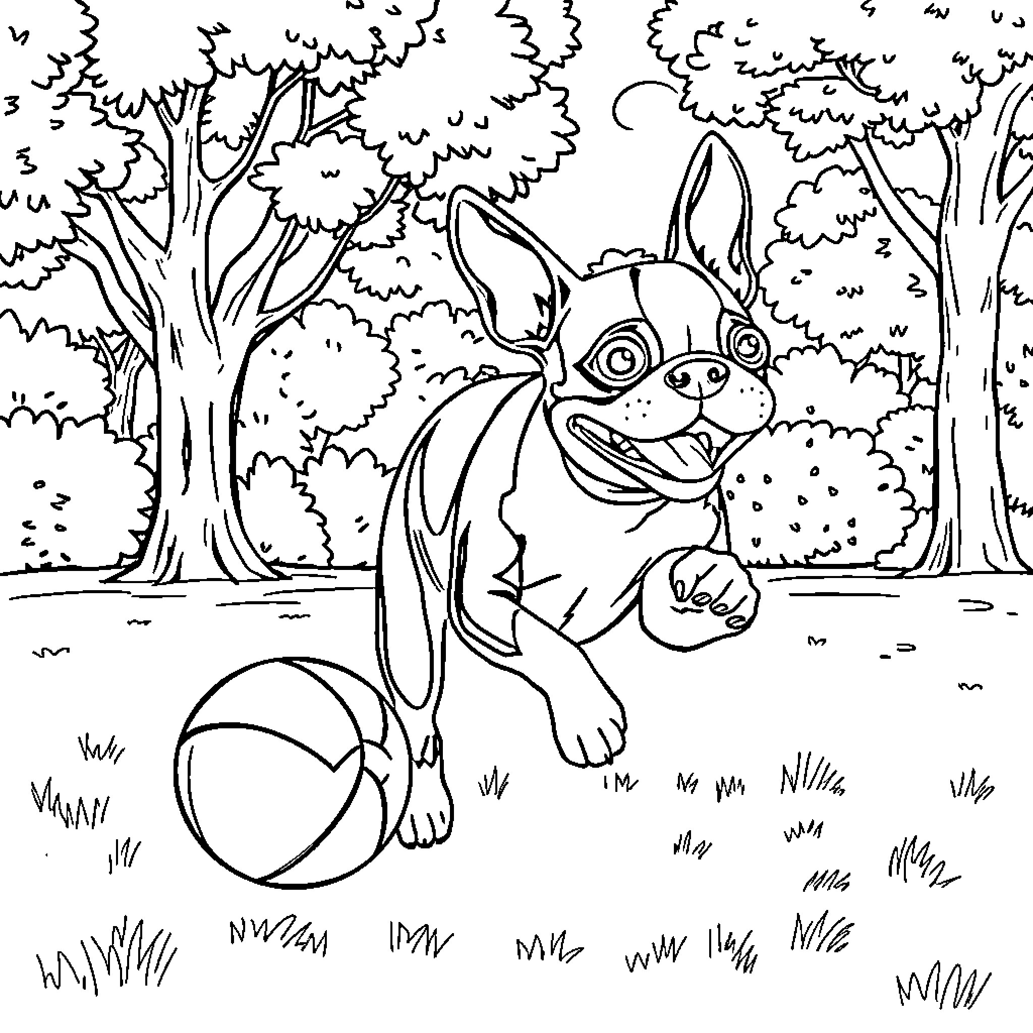 Boston Terrier playing happily with a ball in the forest Coloring Page (free black-and-white line drawing printable PDF for all, from beginners to advanced learners, including children, teens, adults, and seniors)