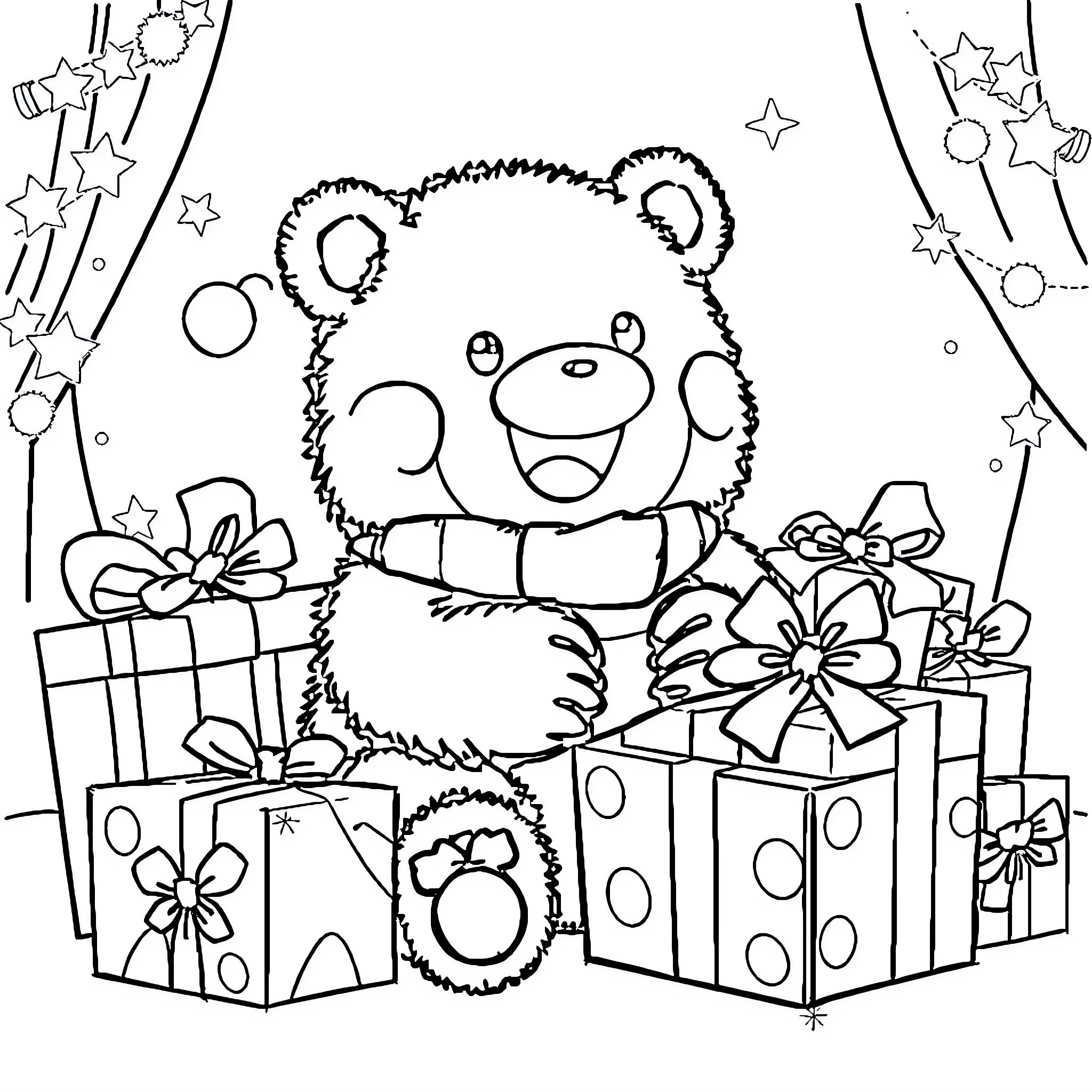 Domo kun surrounded by gift boxes and decorations Coloring Page (free black-and-white line drawing printable PDF for all, from beginners to advanced learners, including children, teens, adults, and seniors)