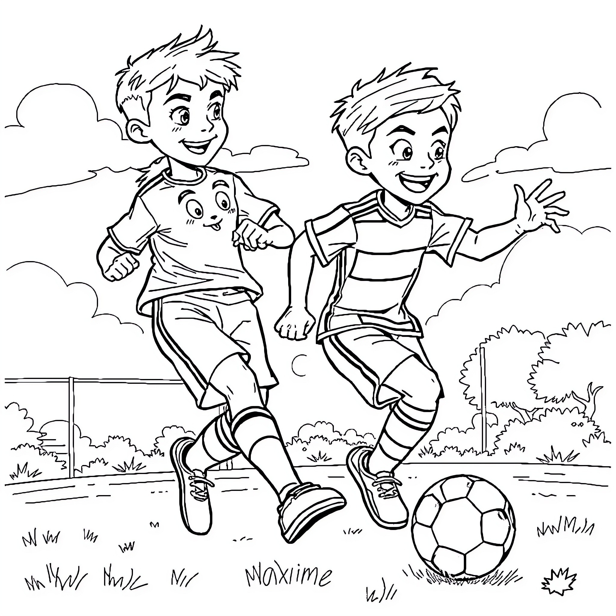 Balthazar and Maximile Playing Soccer Outdoors Coloring Page (free black-and-white line drawing printable PDF for all, from beginners to advanced learners, including children, teens, adults, and seniors)
