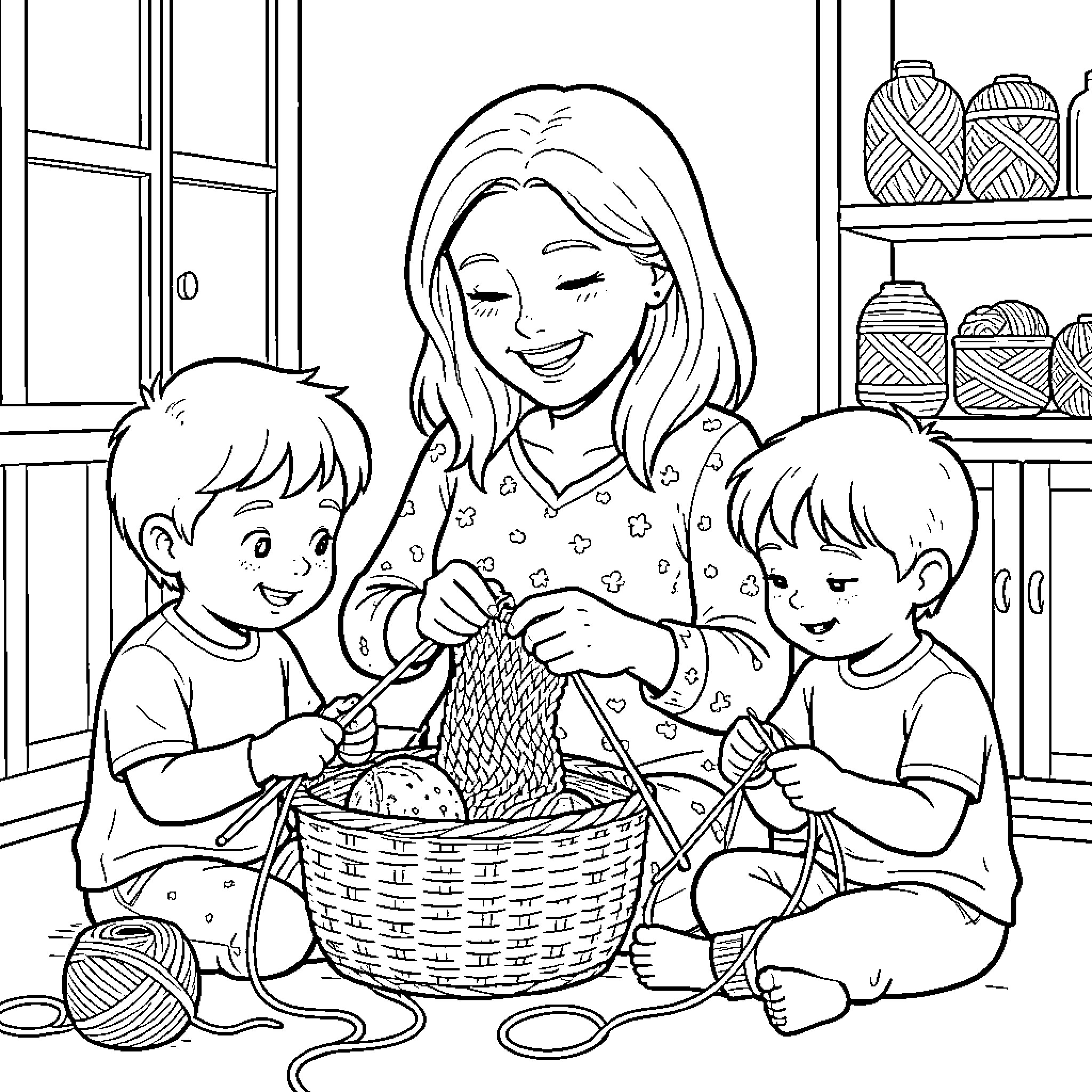 Madre sharing crafty moments with children Coloring Page (free black-and-white line drawing printable PDF for all, from beginners to advanced learners, including children, teens, adults, and seniors)