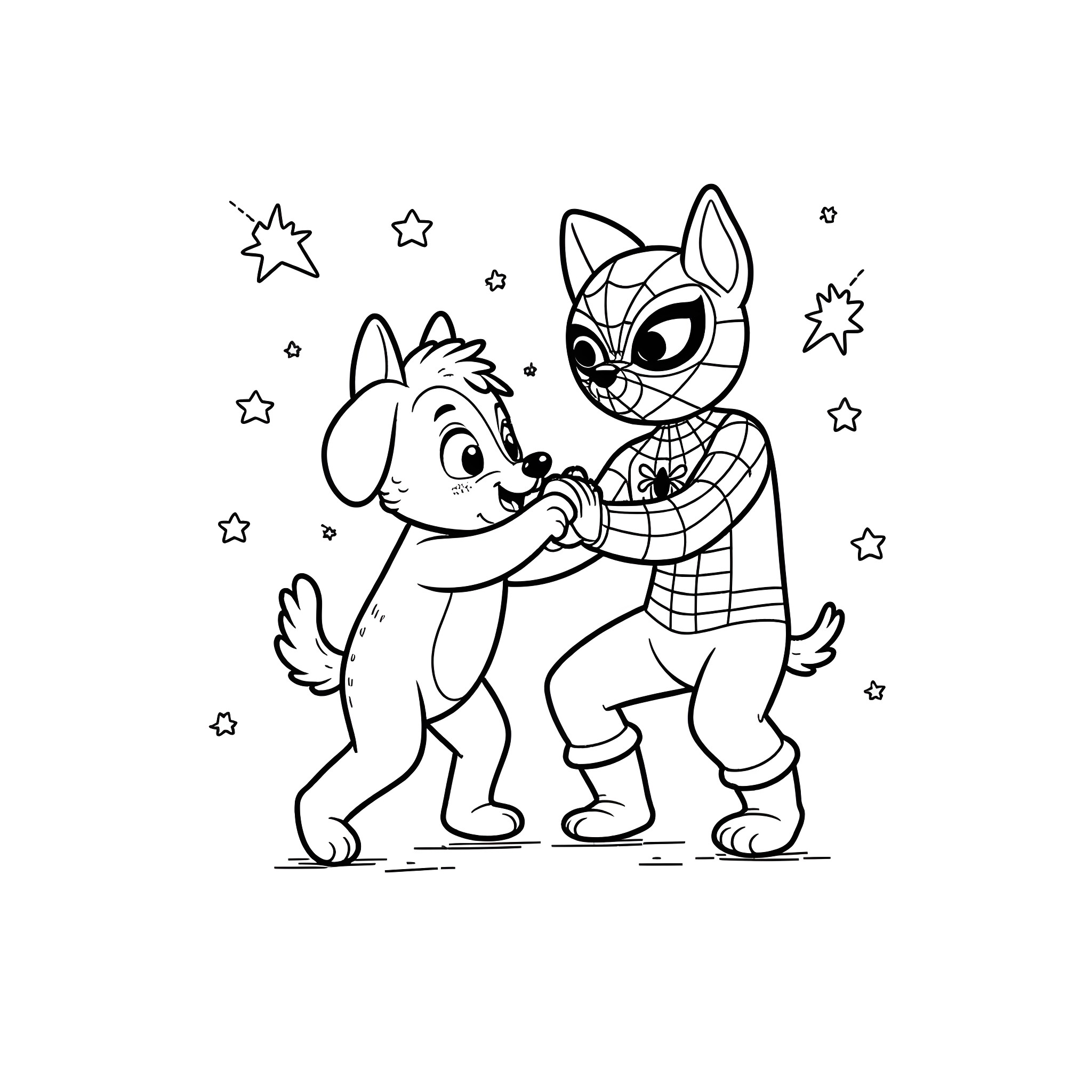 Bluey and friends playing under the stars Coloring Page (free black-and-white line drawing printable PDF for all, from beginners to advanced learners, including children, teens, adults, and seniors)