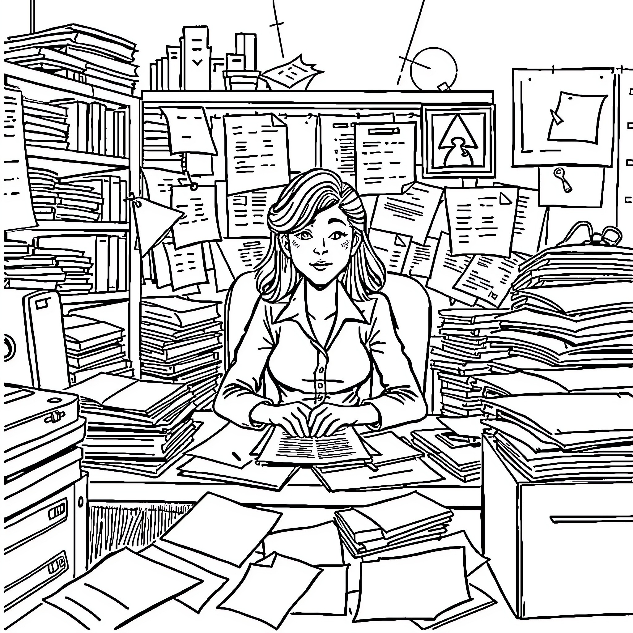 Employee Working Diligently in Cluttered Office Coloring Page (free black-and-white line drawing printable PDF for all, from beginners to advanced learners, including children, teens, adults, and seniors)