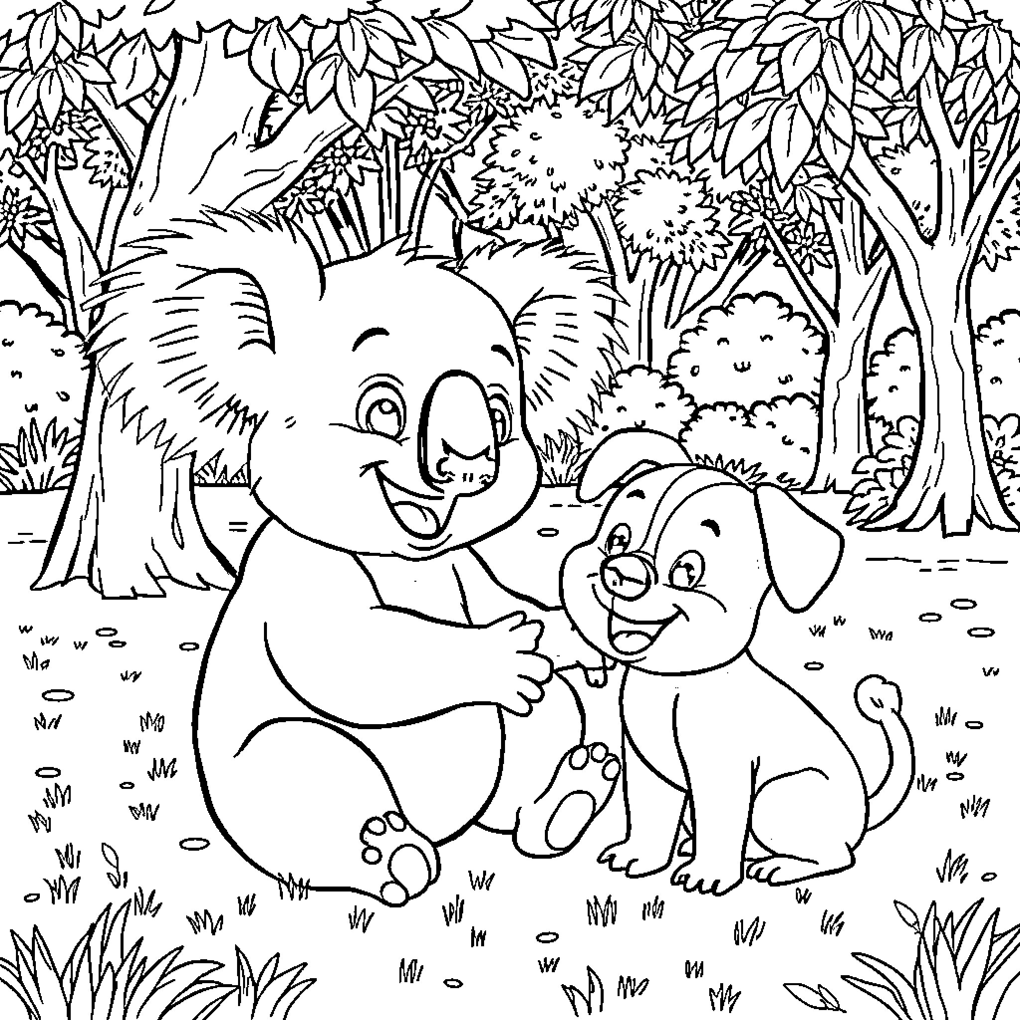 Koala and puppy playing together in the forest Coloring Page (free black-and-white line drawing printable PDF for all, from beginners to advanced learners, including children, teens, adults, and seniors)