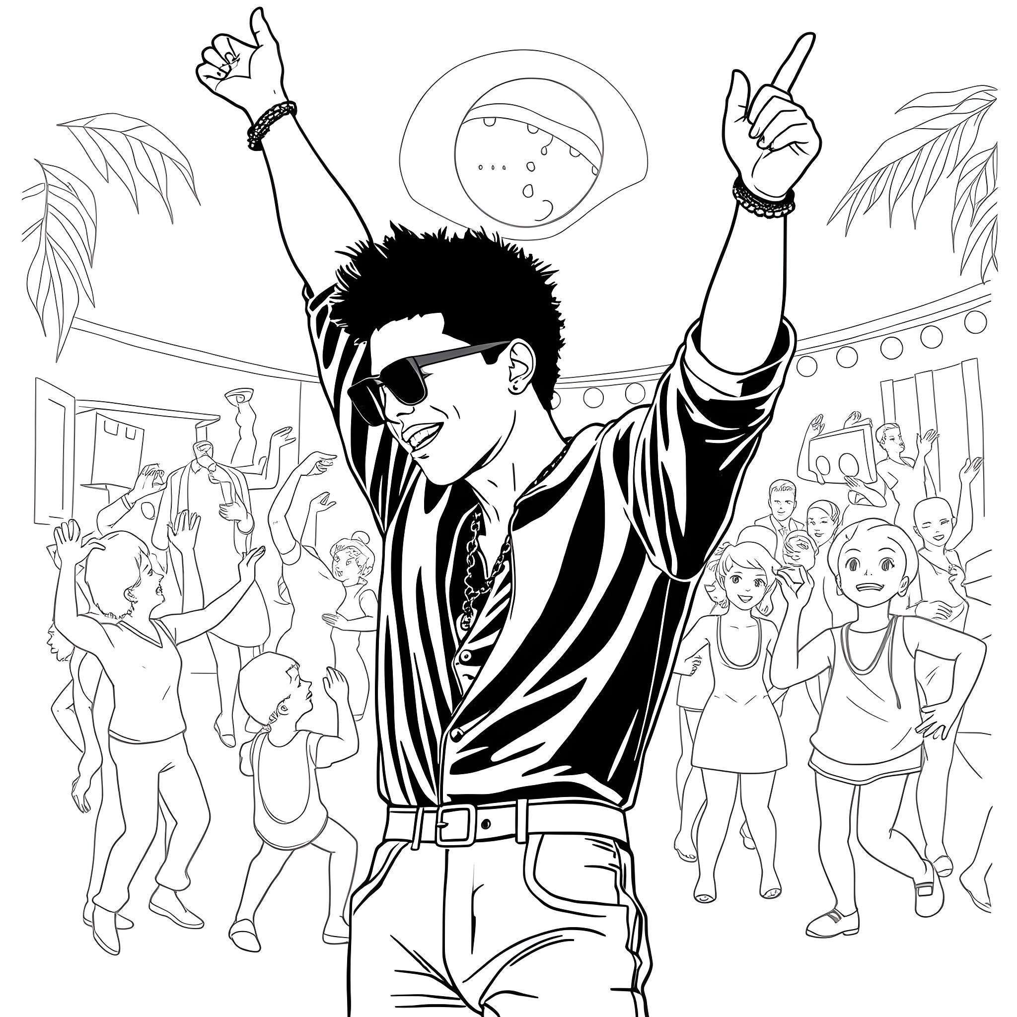 Bruno Mars rocking the stage with his signature style Coloring Page (free black-and-white line drawing printable PDF for all, from beginners to advanced learners, including children, teens, adults, and seniors)