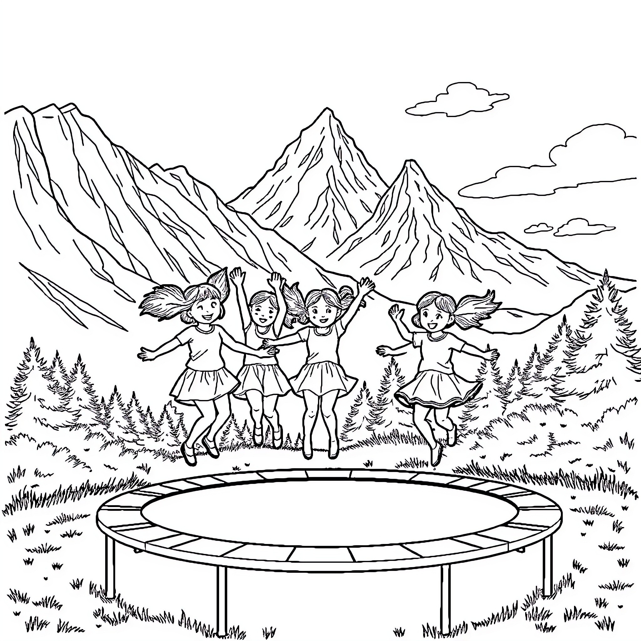 Girls dancing joyfully in a mountain landscape Coloring Page (free black-and-white line drawing printable PDF for all, from beginners to advanced learners, including children, teens, adults, and seniors)