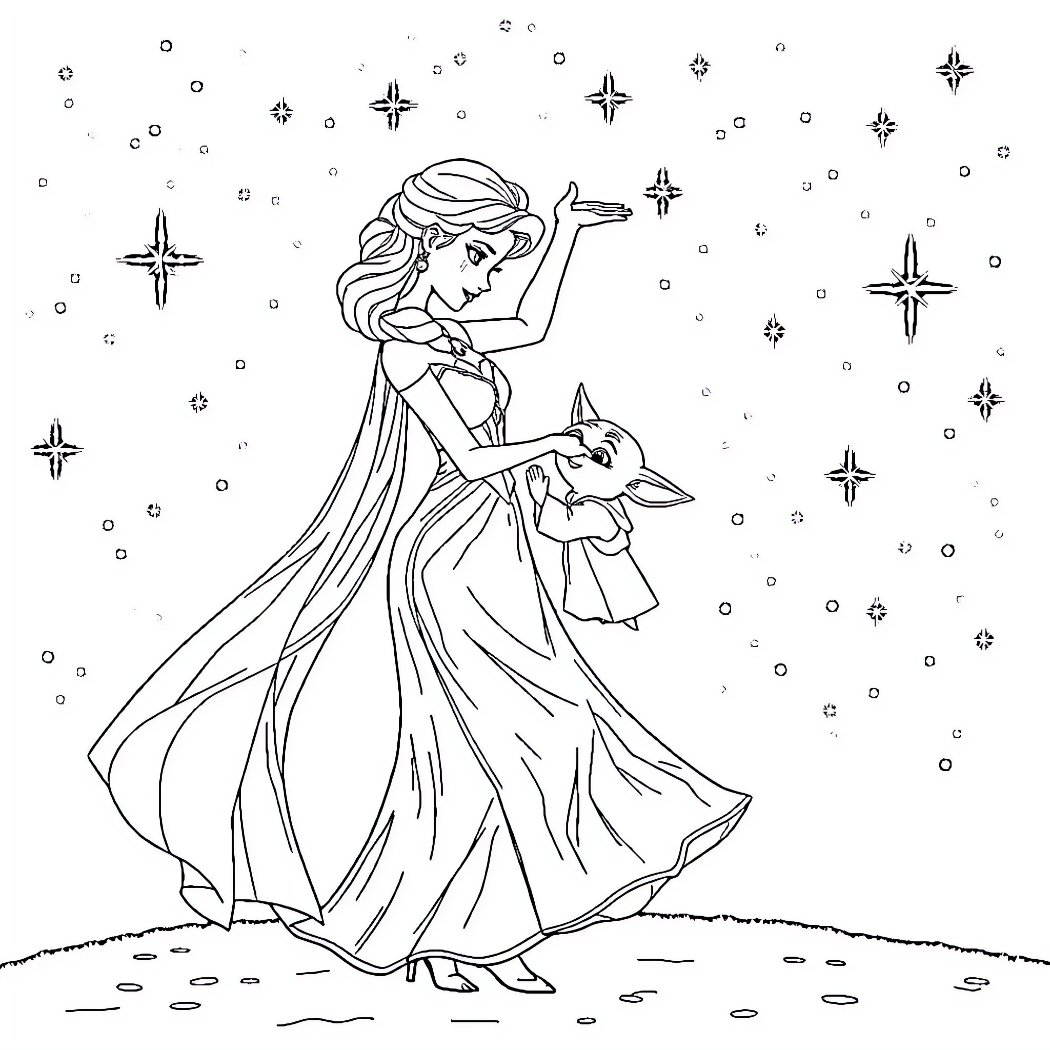 Elsa dancing gracefully with a companion Coloring Page (free black-and-white line drawing printable PDF for all, from beginners to advanced learners, including children, teens, adults, and seniors)