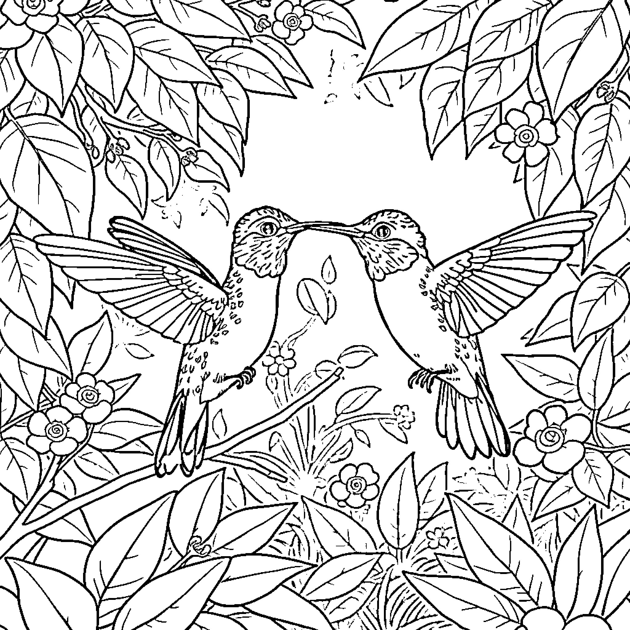 Stitch of hummingbirds amidst floral foliage Coloring Page (free black-and-white line drawing printable PDF for all, from beginners to advanced learners, including children, teens, adults, and seniors)
