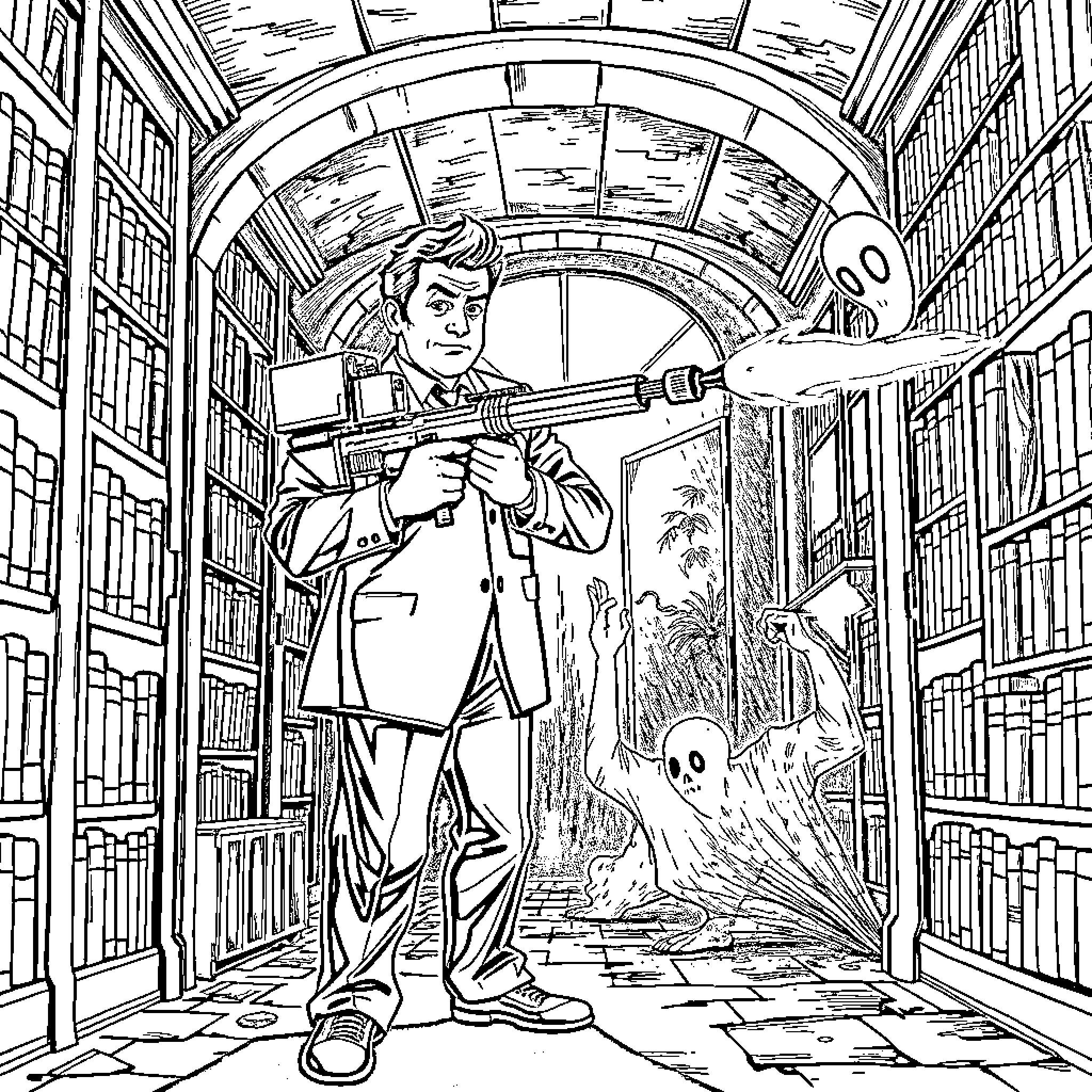 Peter Venkman taking action in the library Coloring Page (free black-and-white line drawing printable PDF for all, from beginners to advanced learners, including children, teens, adults, and seniors)